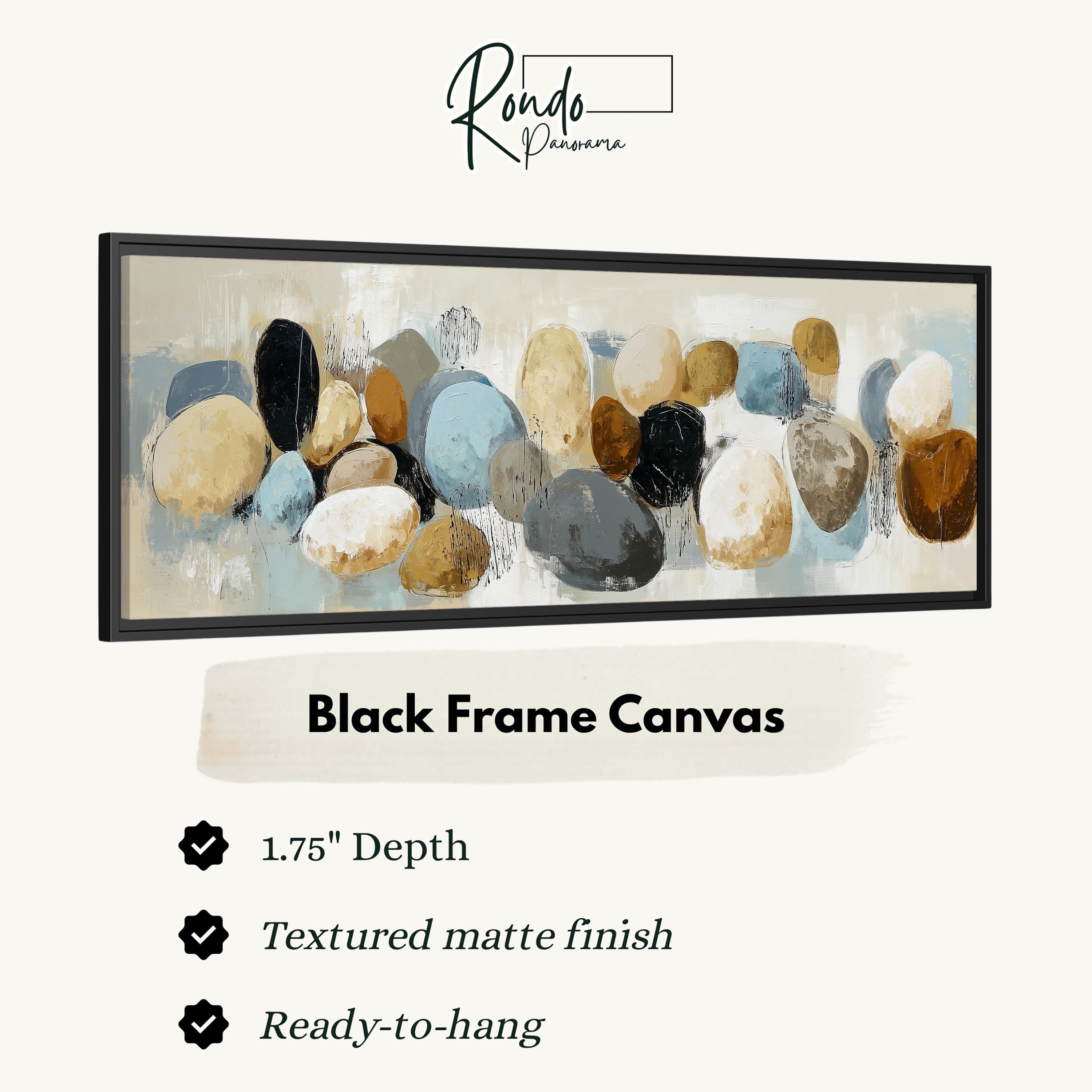 The image is a black frame canvas featuring a painting of various colored rocks and pebbles.