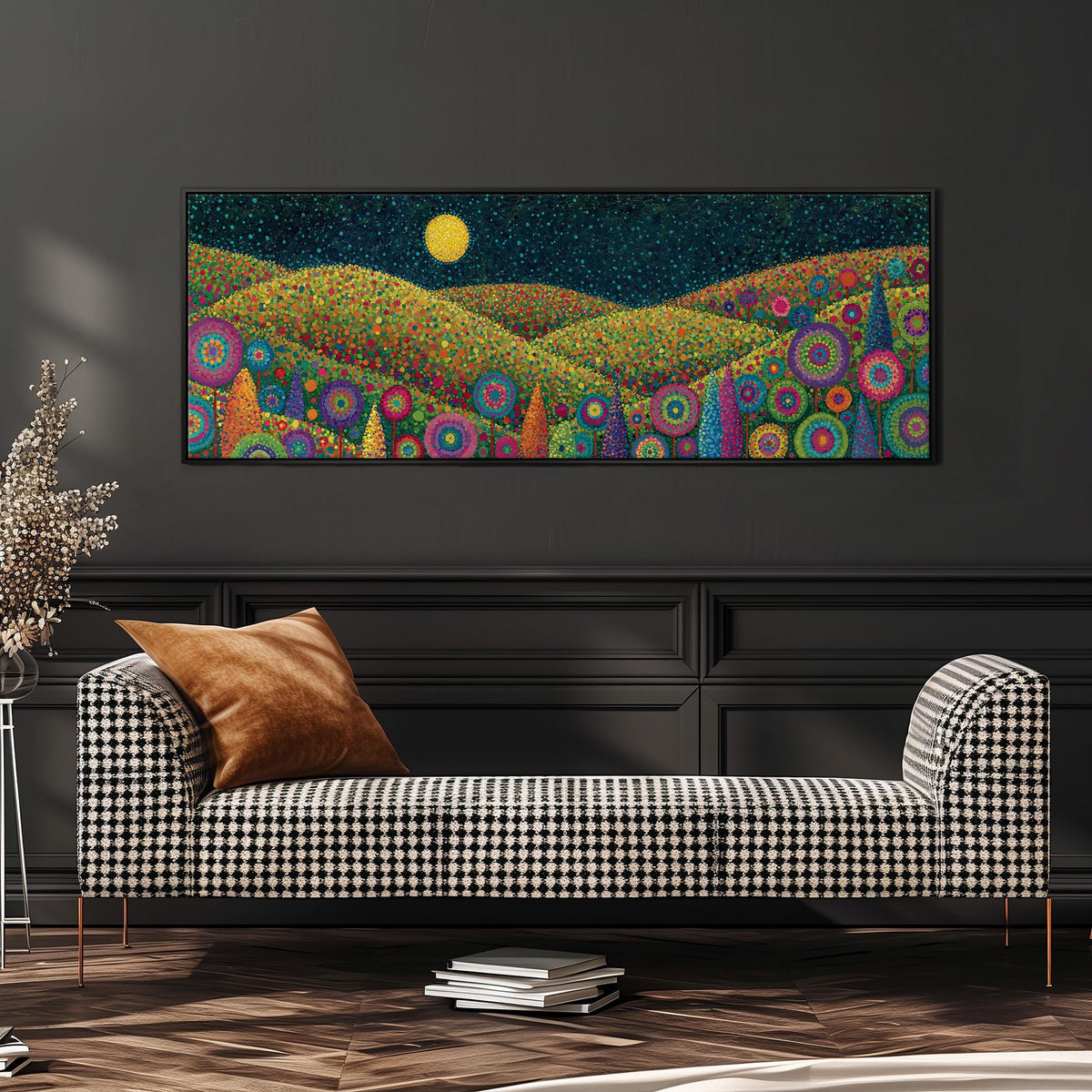 Moonlit flower hills wide panoramic canvas print above a bench in a dark living room