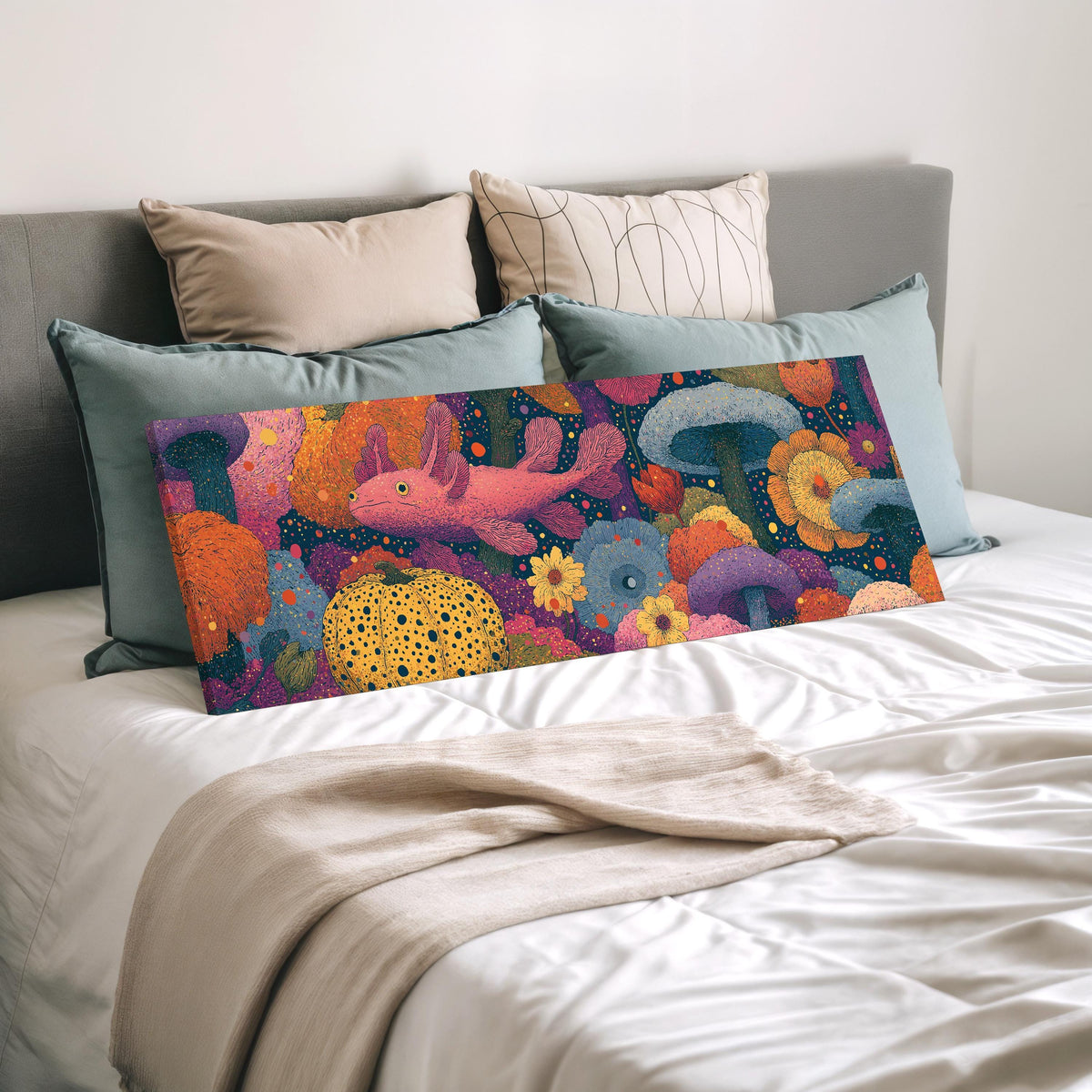 Fantasy mushrooms with a pink creature wide panoramic canvas print laid on a bed to show its size