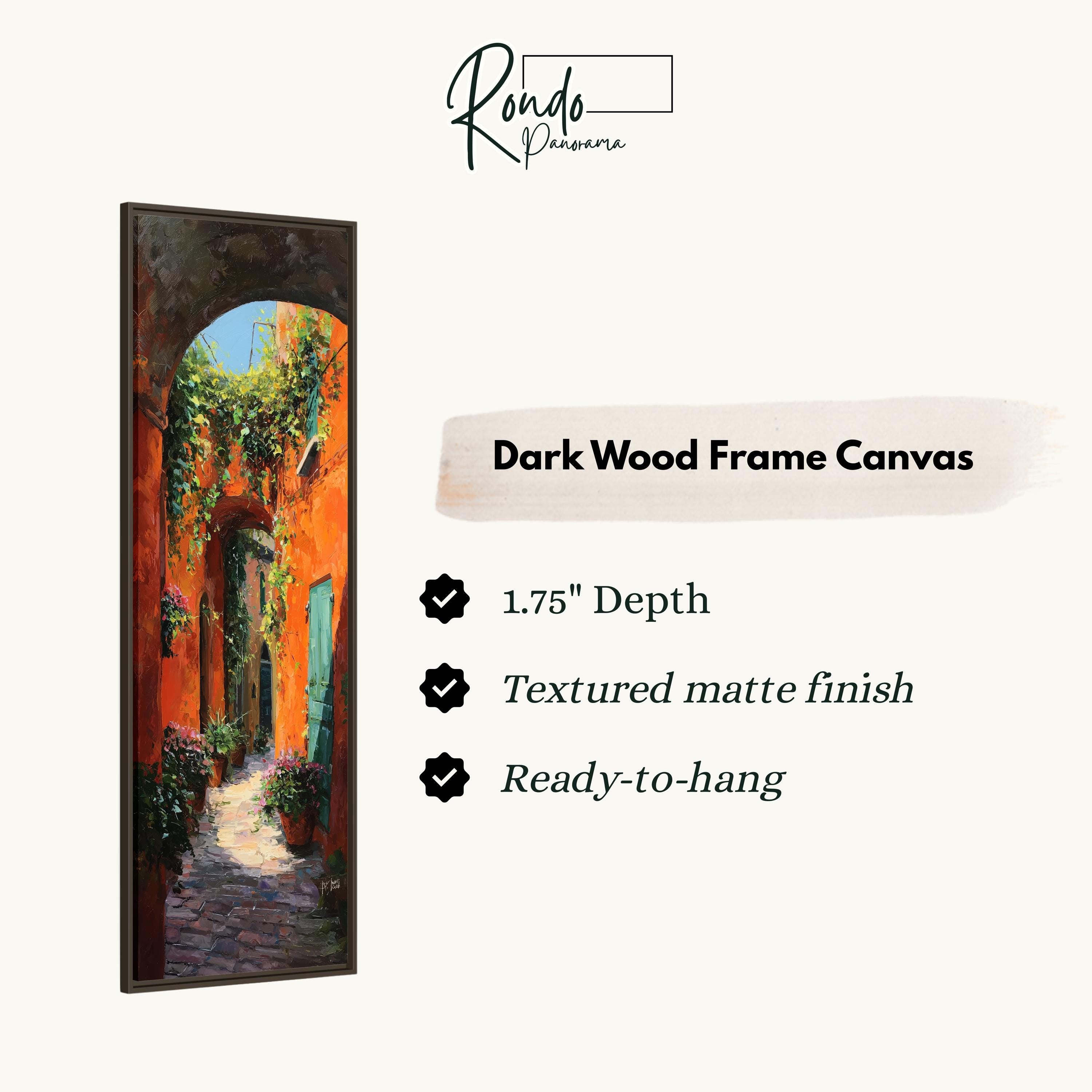 The image is a framed painting depicting a narrow alleyway with a stone path and a green door.