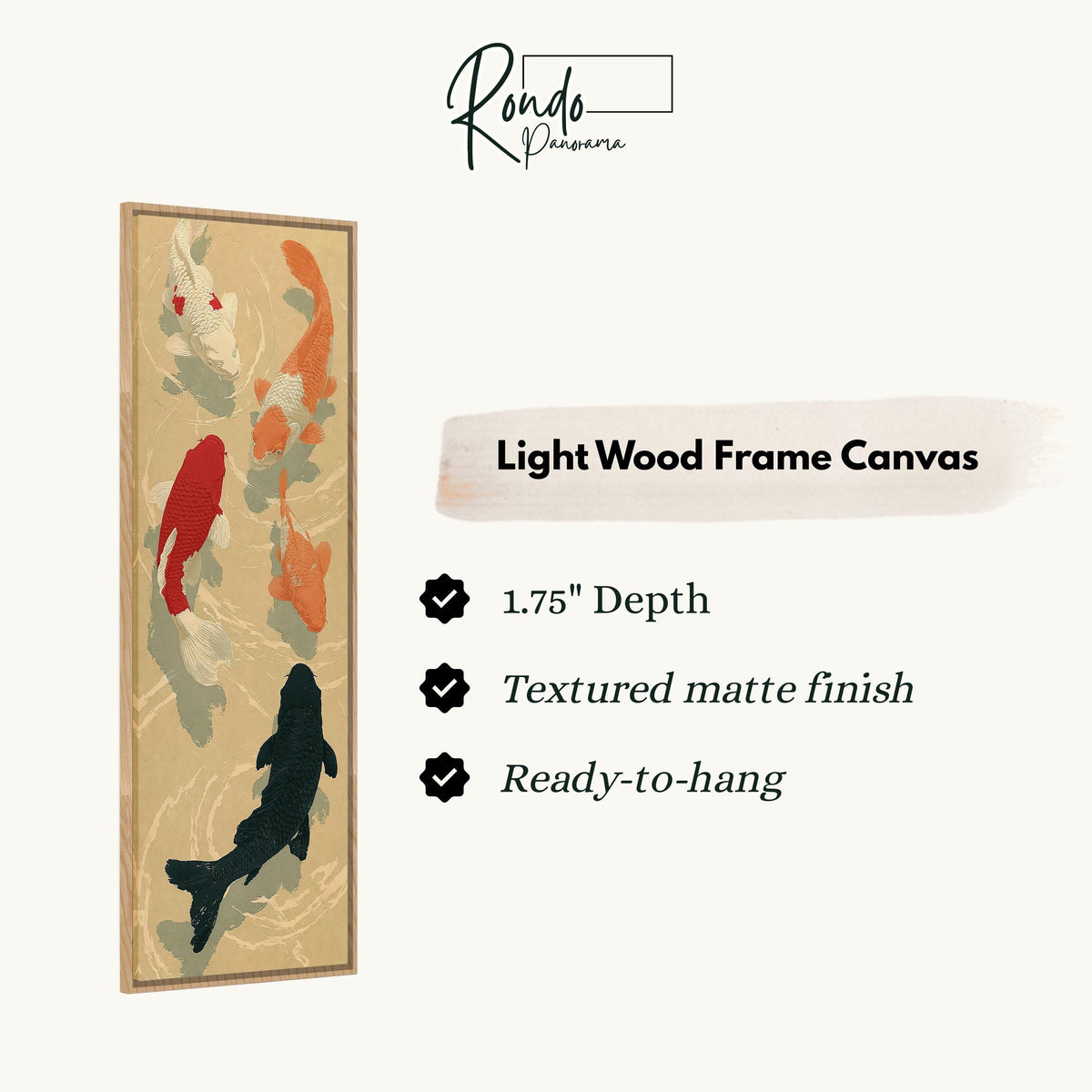 Koi fish pond canvas print in a light wood floating frame
