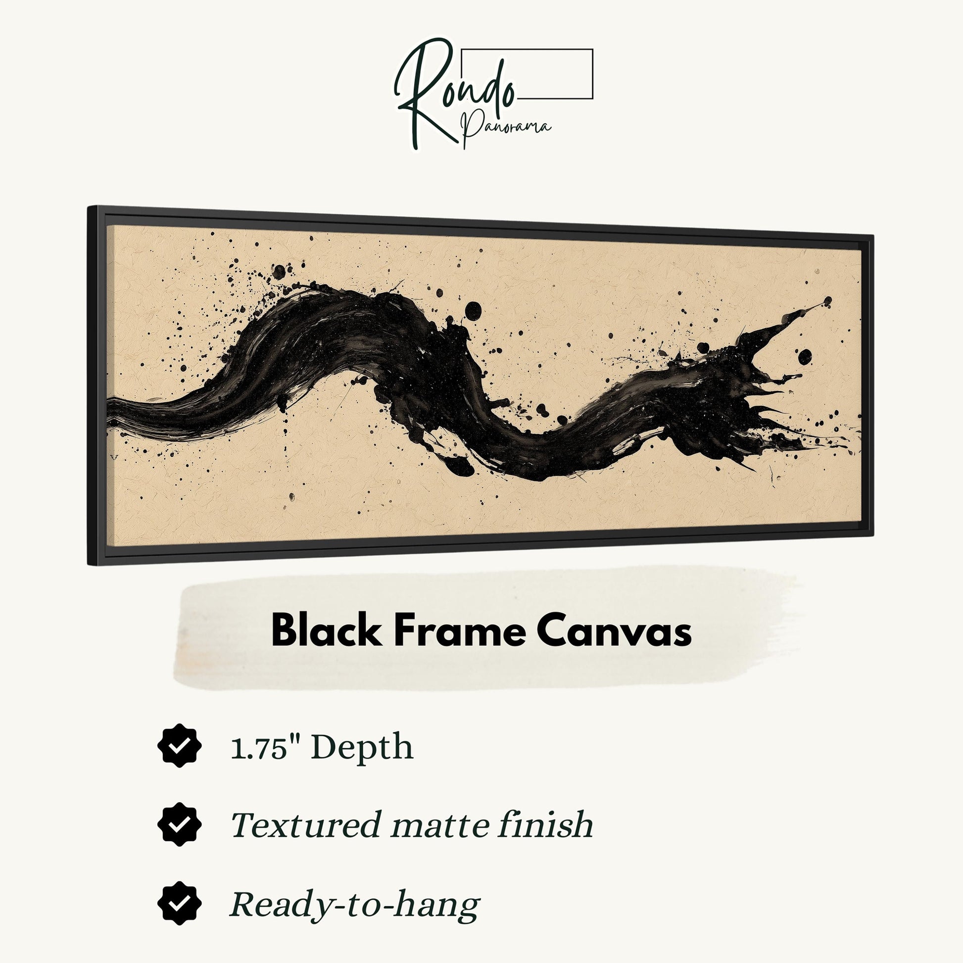 The image is a product advertisement for a black frame canvas. It features a black and white abstract artwork with a textured matte finish. The canvas is 1.75" deep and ready to hang.
