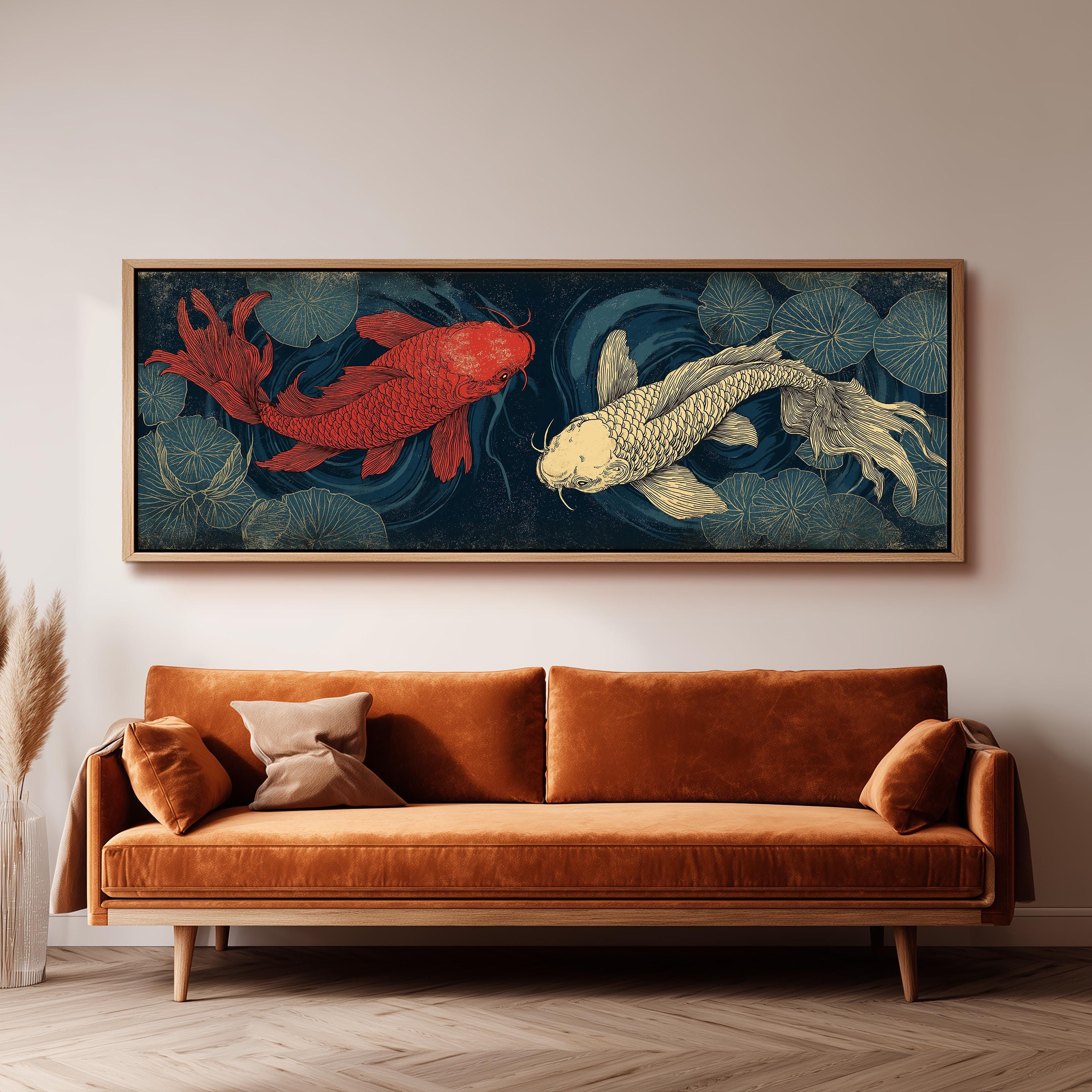 a large, framed painting of two koi fish swimming in a pond, with one fish being red and the other being white. The painting is hanging on a wall above a brown sofa, creating a cozy and artistic atmosphere in the room.