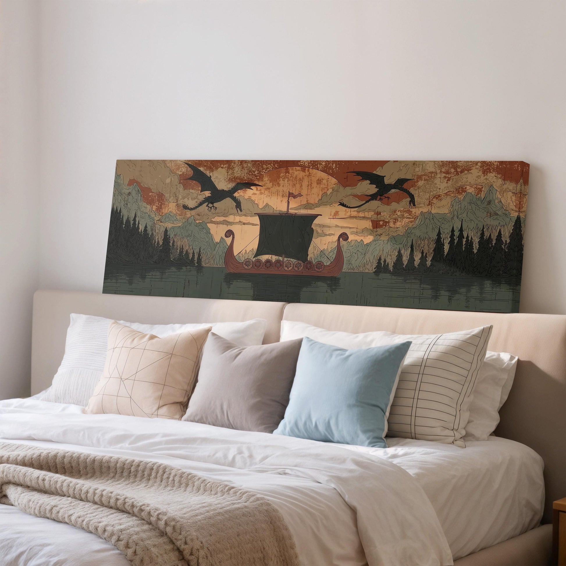a large painting of a boat with dragon-like figures on the back, displayed on a wall above a bed with white pillows and a blanket.