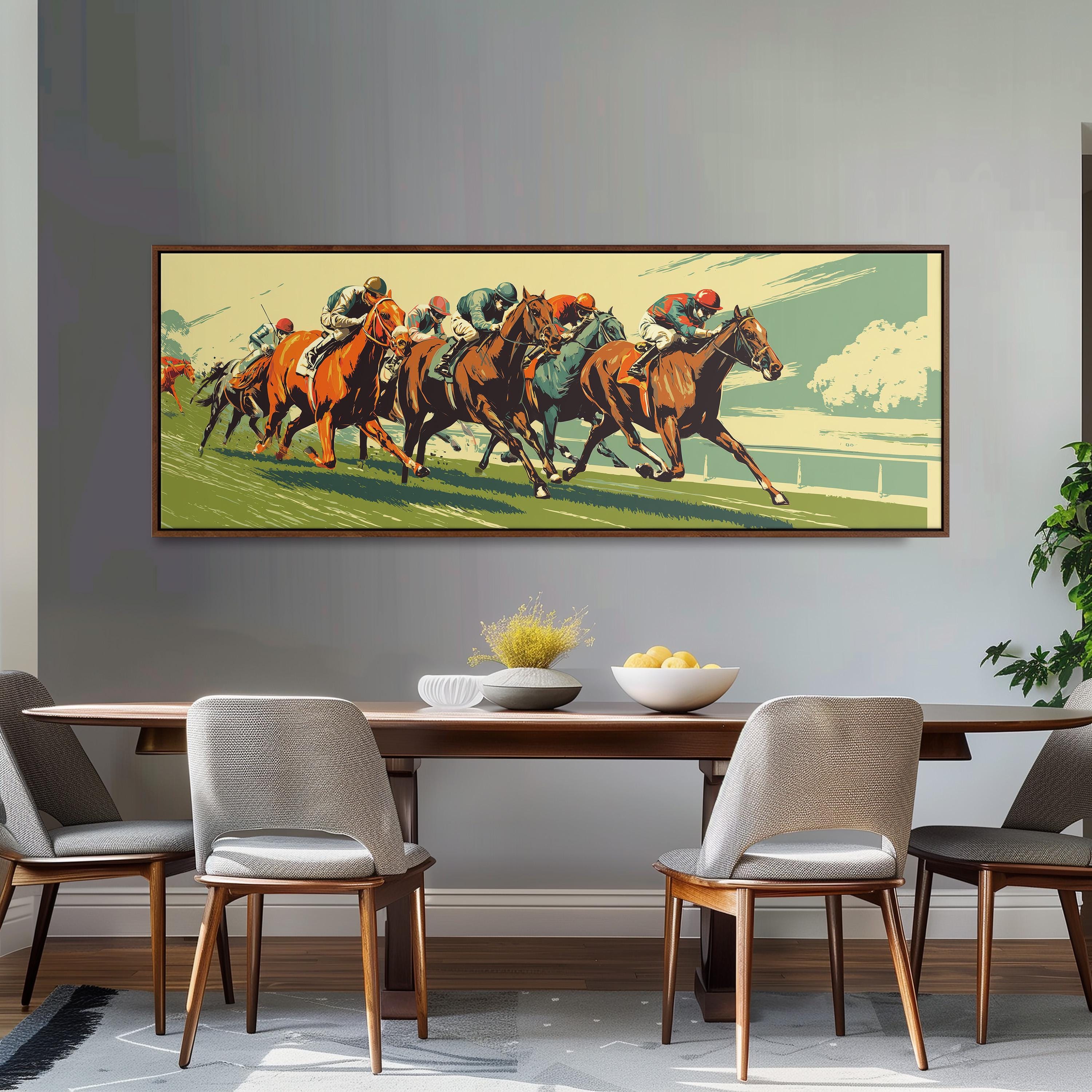 a large framed painting of a horse race on the wall above a wooden dining table with four chairs.