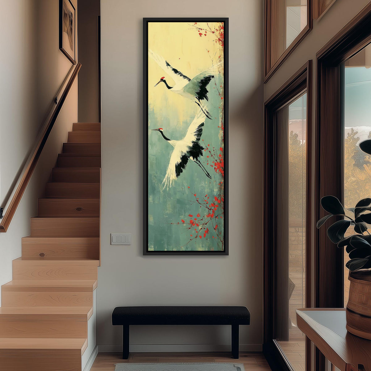 Pair of red-crowned cranes in flight tall narrow canvas print beside a staircase in an entryway