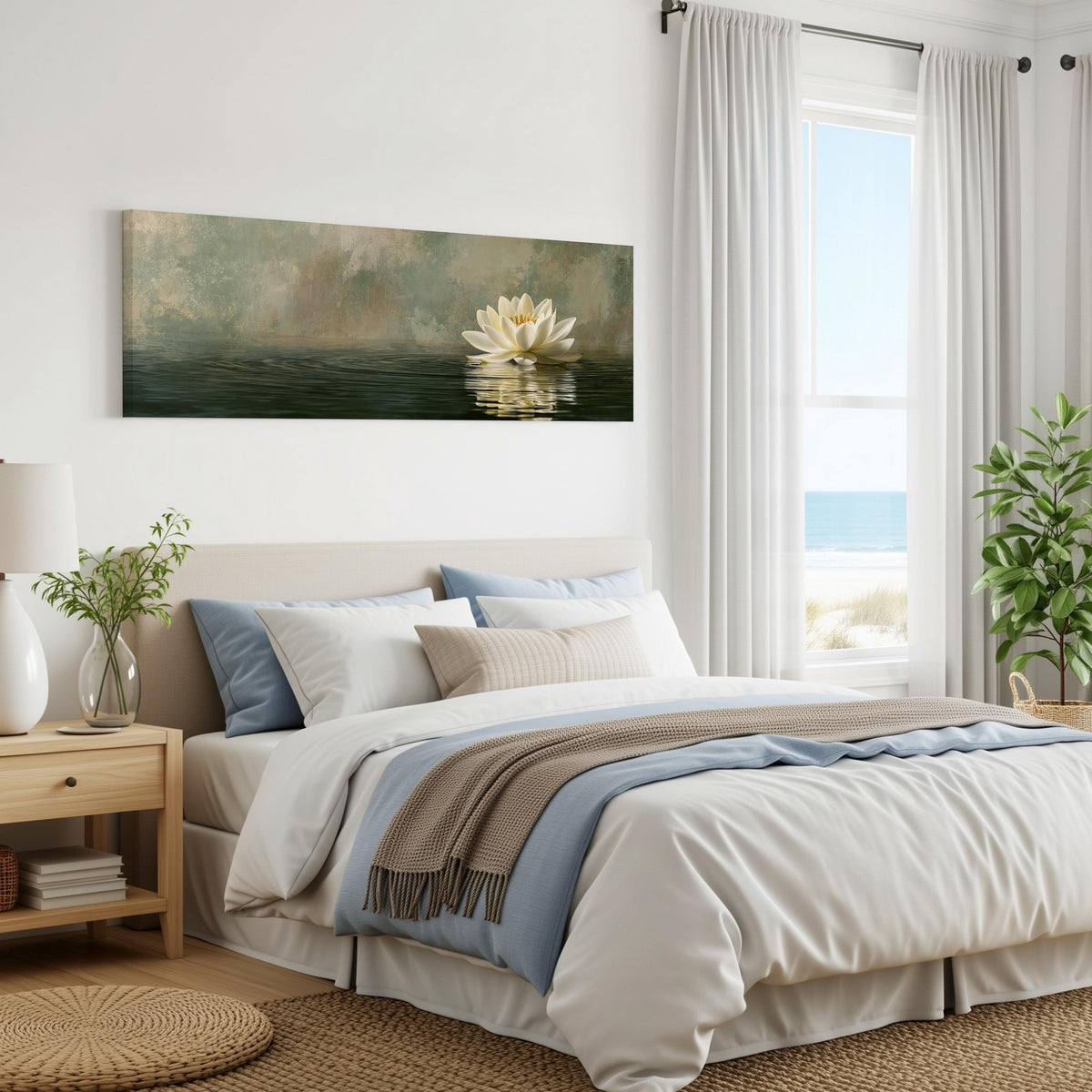 White water lily in soft mist panoramic canvas print above a bed in a coastal bedroom
