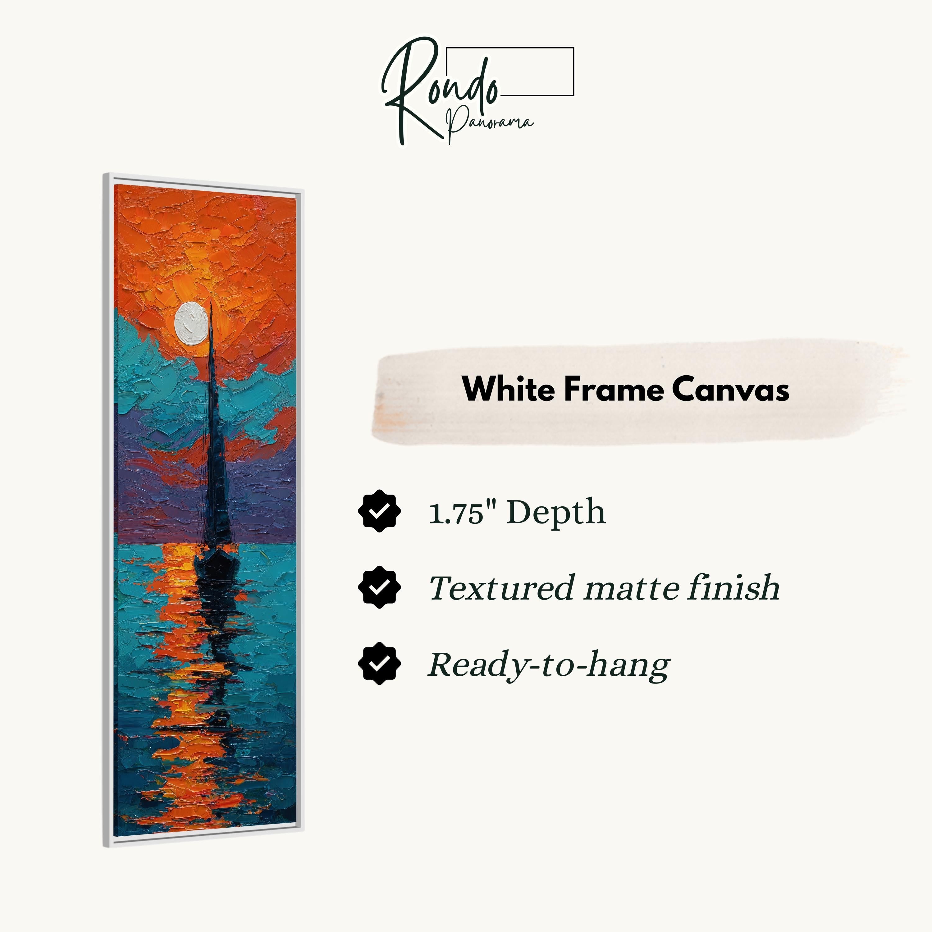 The image is a white frame canvas with a painting of a boat on the water.