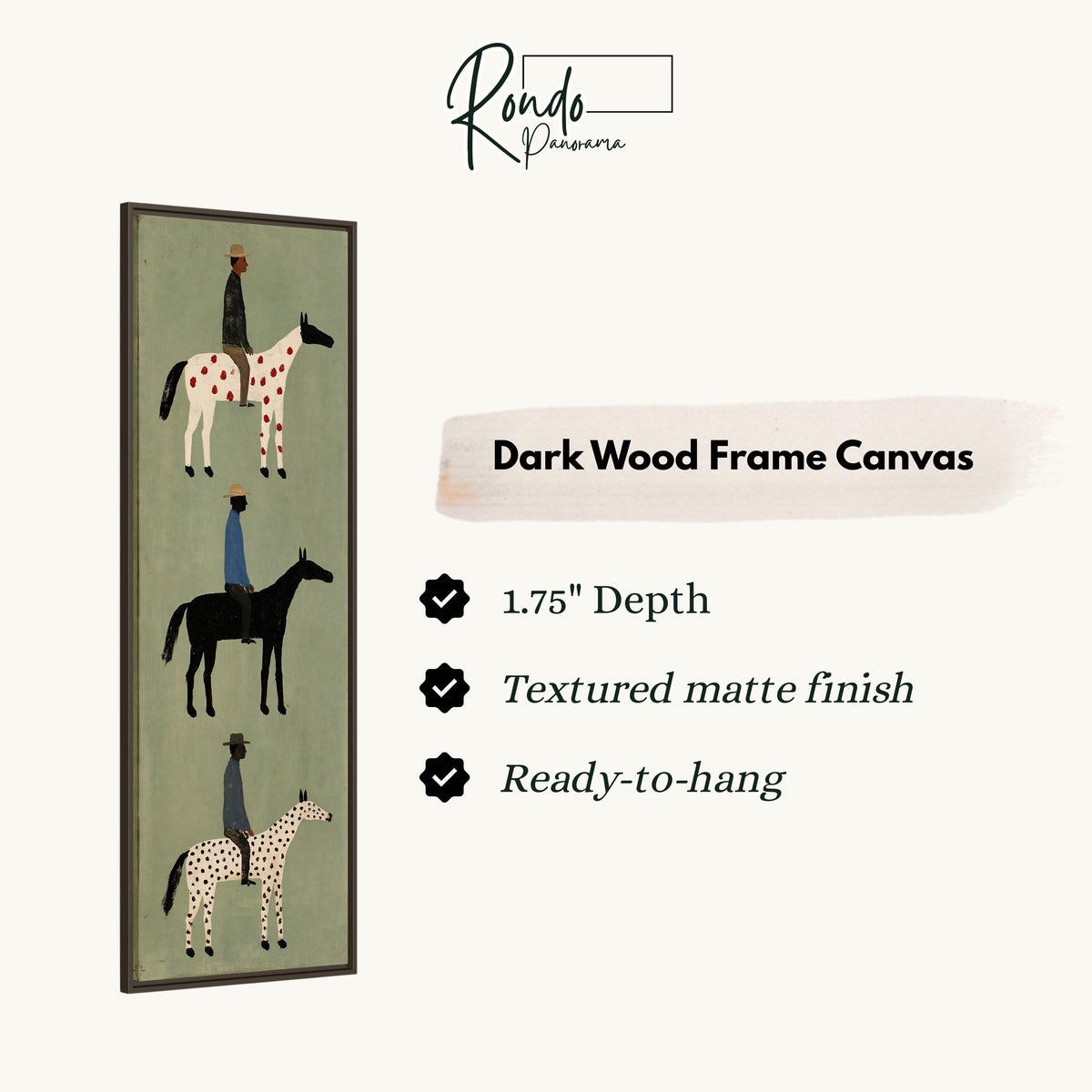 Three folk riders on spotted horses stacked vertically canvas print in a dark wood floating frame