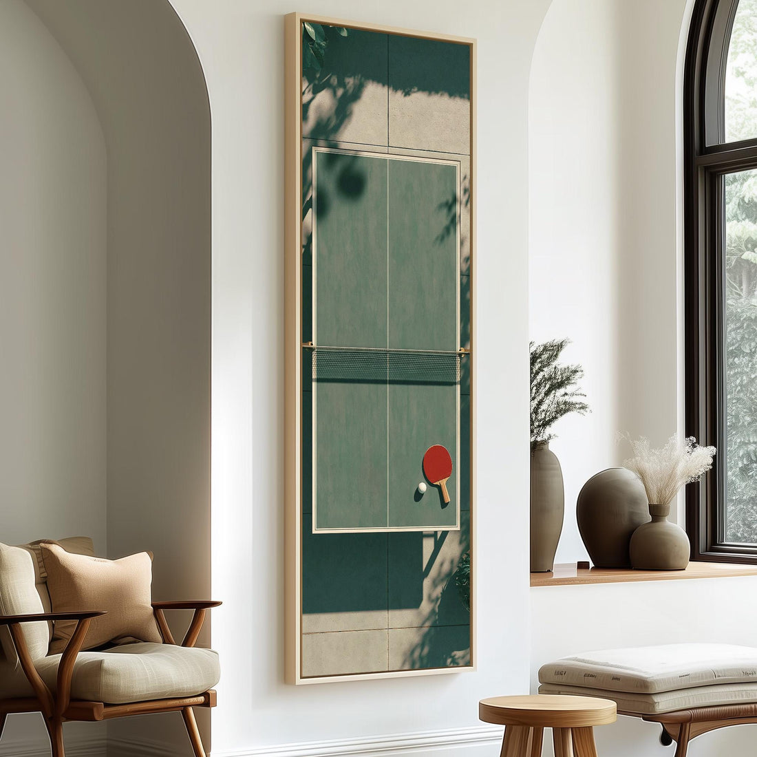 Ping pong table in leafy shadow long vertical canvas print in a sunlit living space