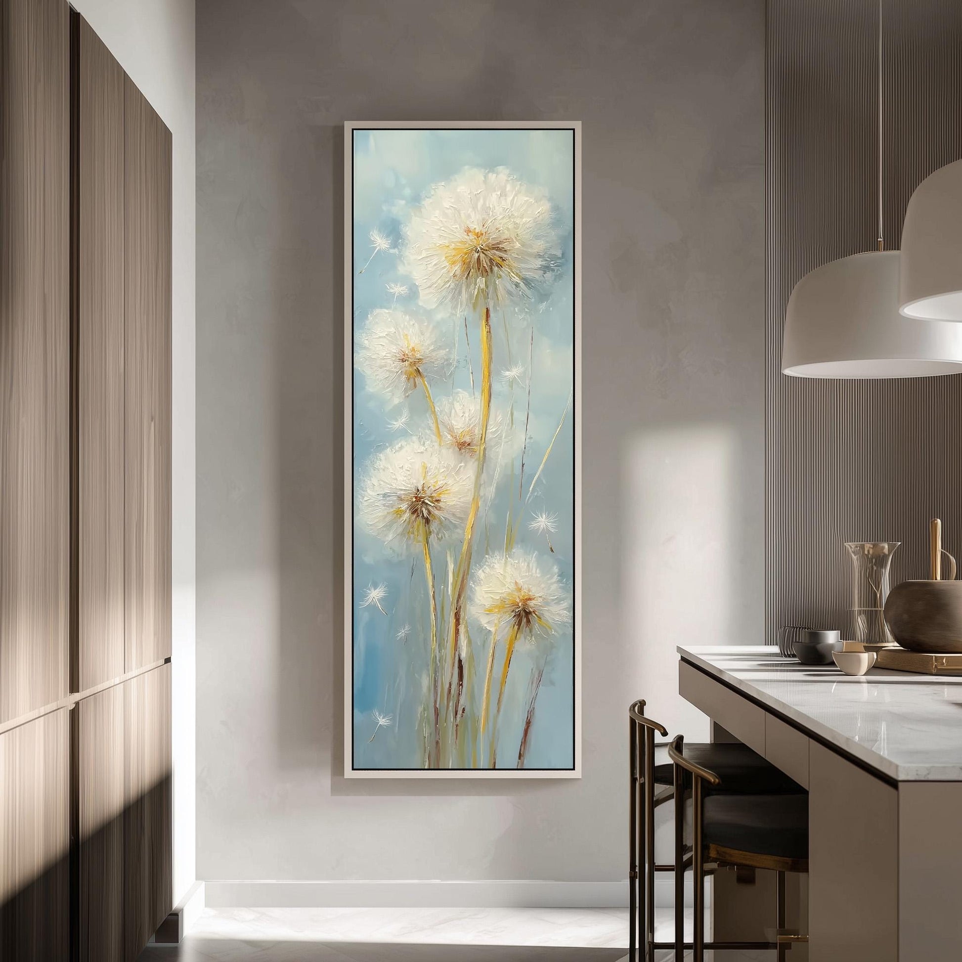 a large painting of dandelions hanging on a wall in a modern kitchen.