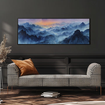 a large, framed landscape painting hanging on a wall above a black and white checkered sofa in a living room setting.