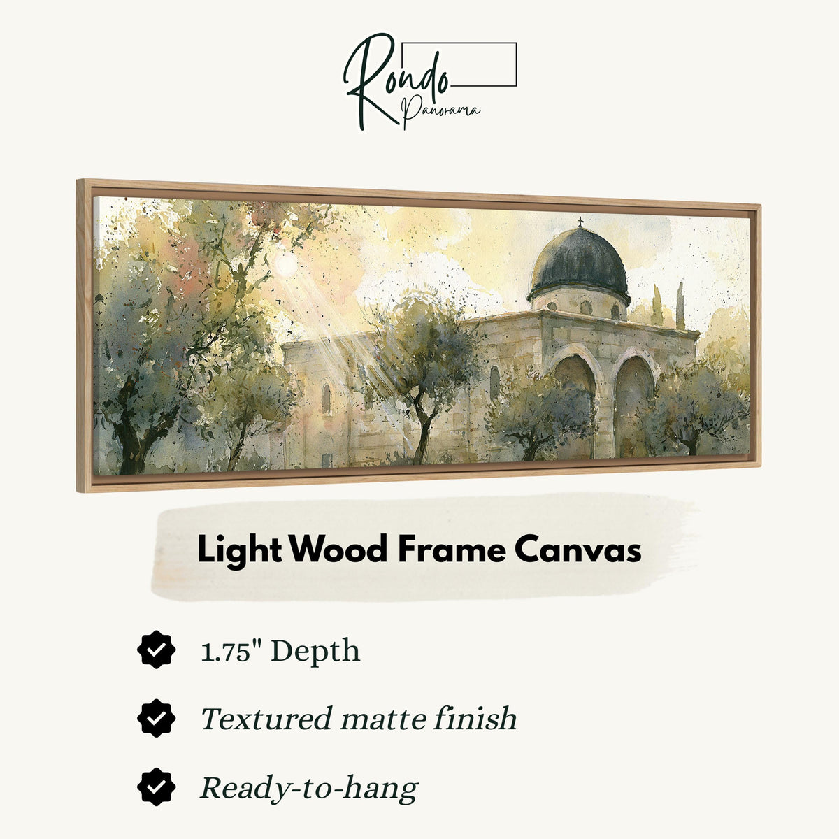 Sunlit dome in an olive grove canvas print in a light wood floating frame