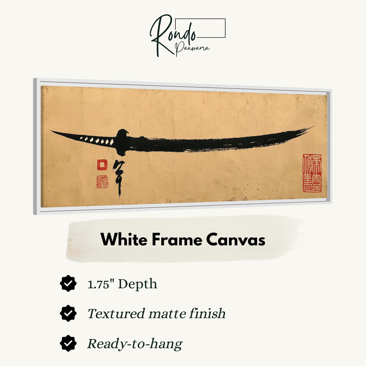Ink brush katana canvas print in a white floating frame
