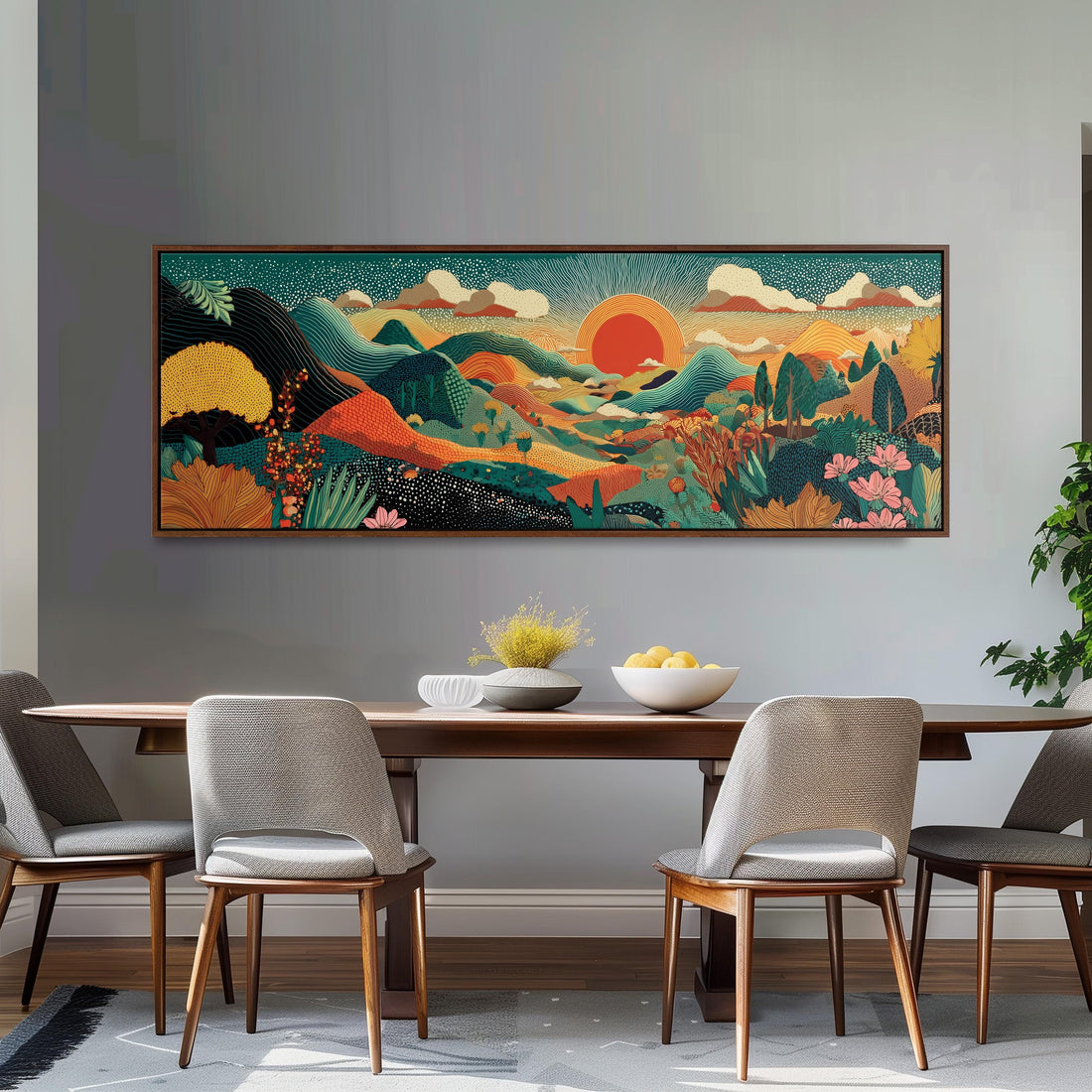 a large, colorful painting of a landscape hanging on a wall above a wooden dining table with four chairs.