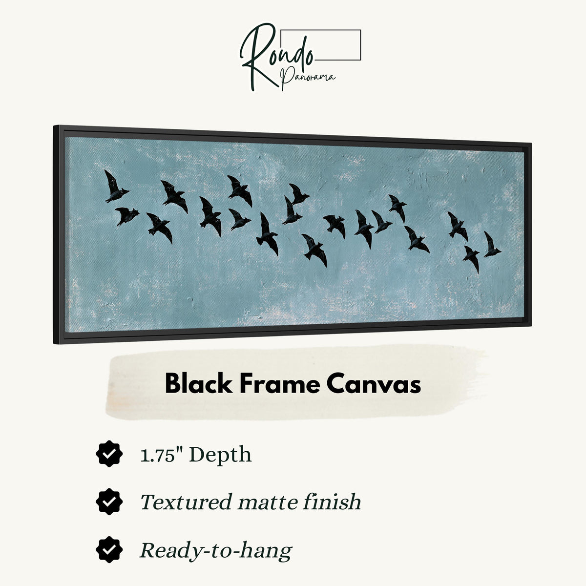 Flock of black birds on a teal sky canvas print in a black floating frame