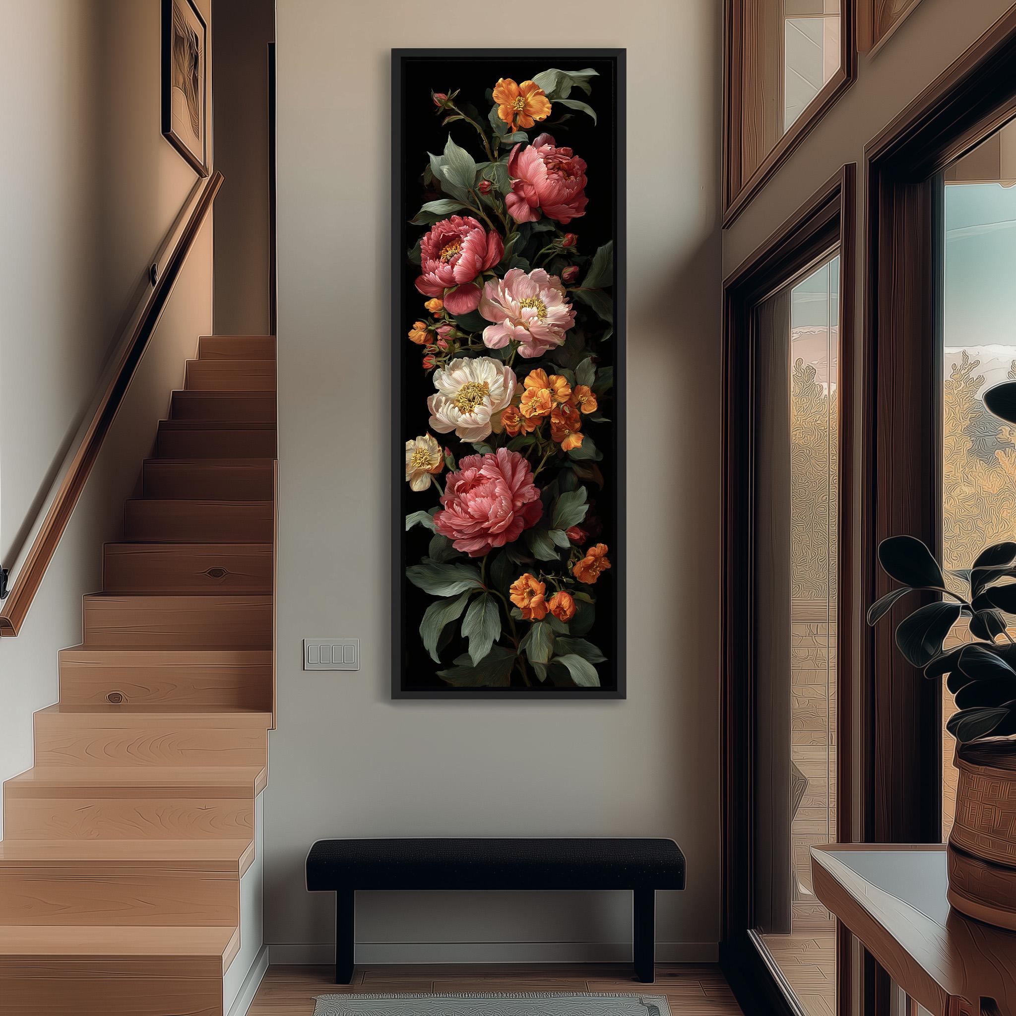 a large floral painting hanging on the wall of a hallway, with a wooden staircase and a bench in the foreground.
