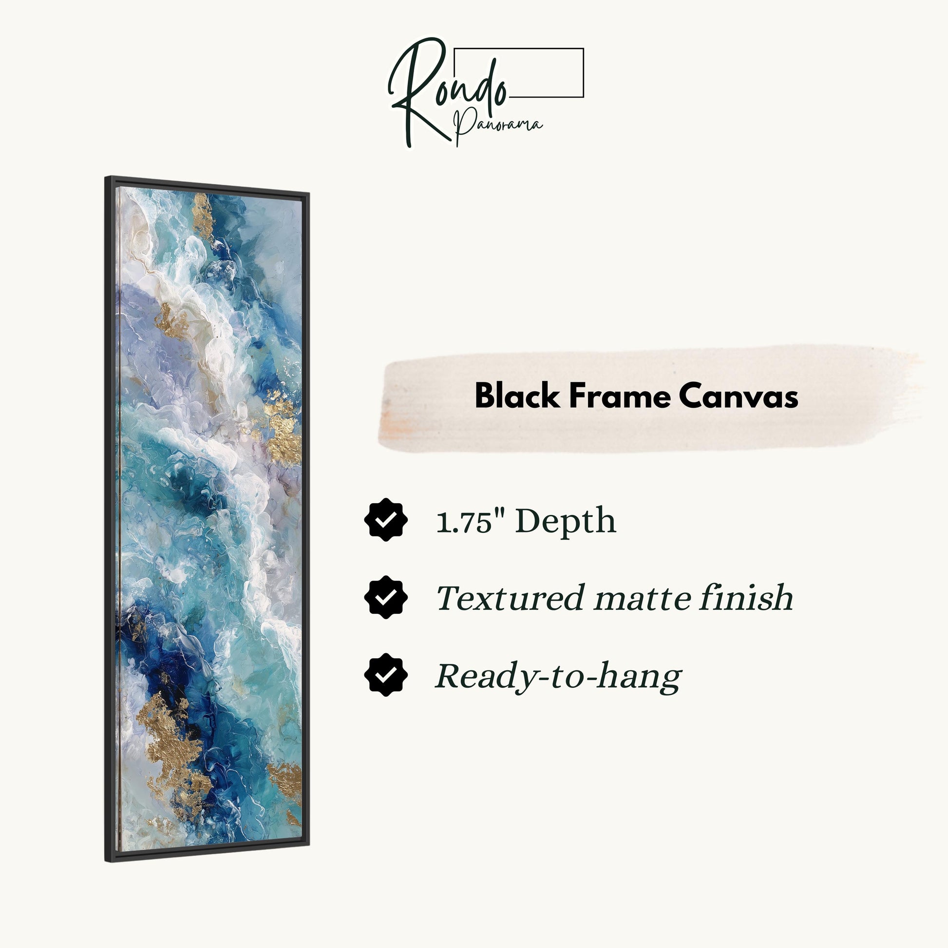The image is a product advertisement for a black frame canvas. It features a painting of blue and white waves with gold accents, and provides details about the product, including its dimensions, finish, and hanging capabilities.
