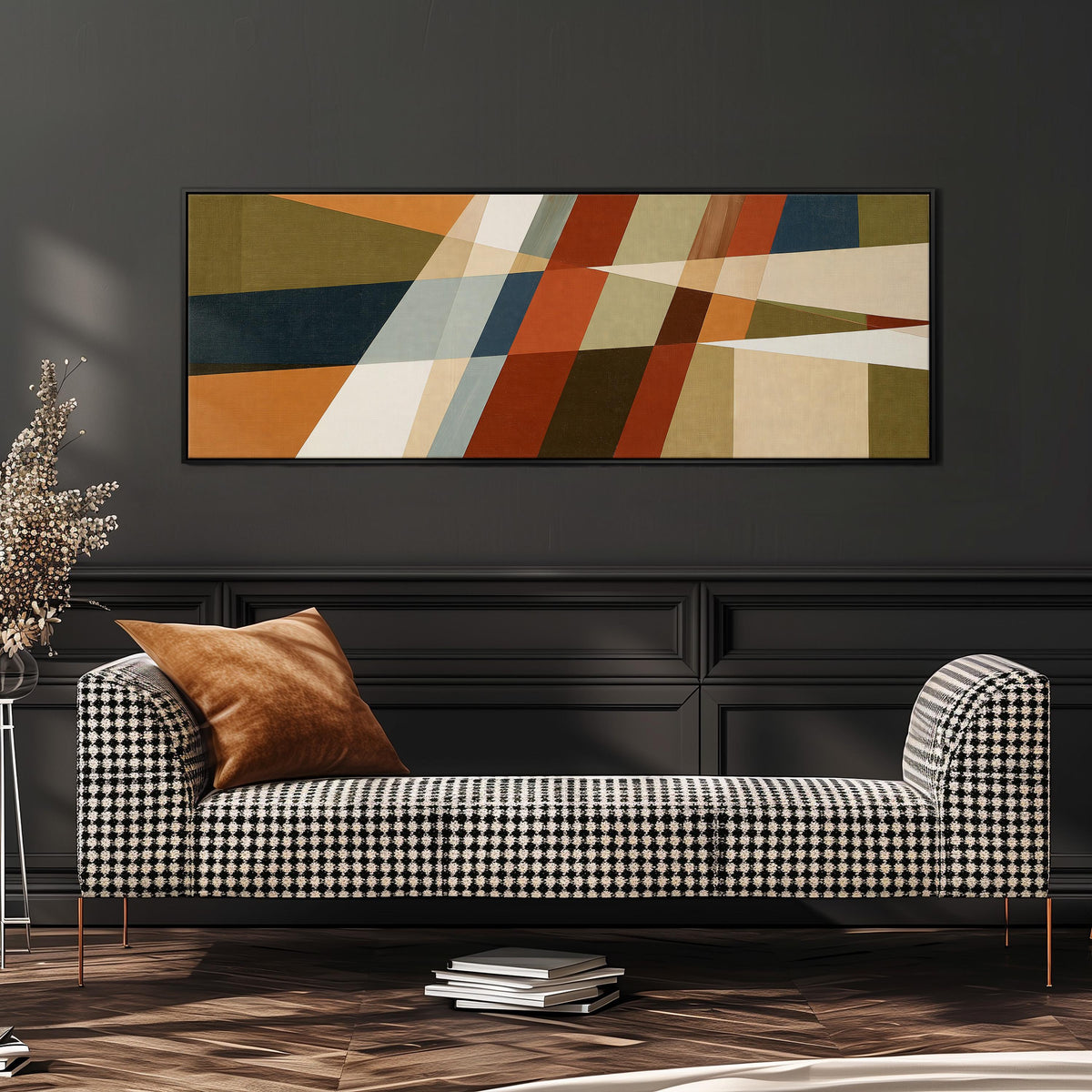 Rust and navy diagonal color blocks wide panoramic canvas print above a bench in a dark living room