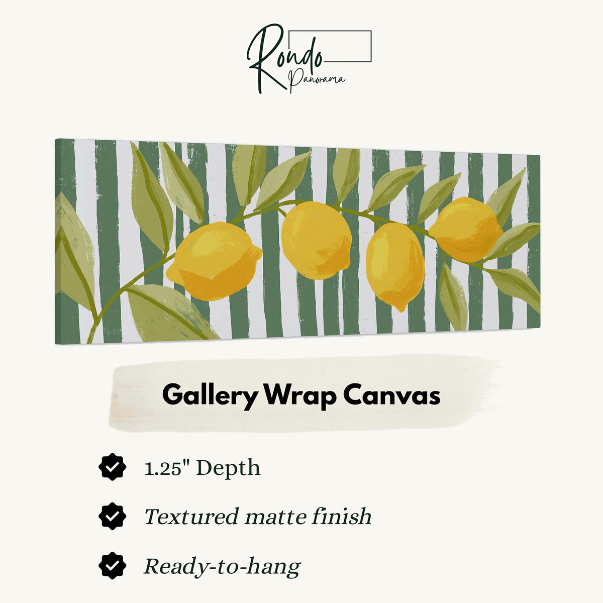 Lemon branch on green stripes gallery wrap canvas with the image wrapped around the edges