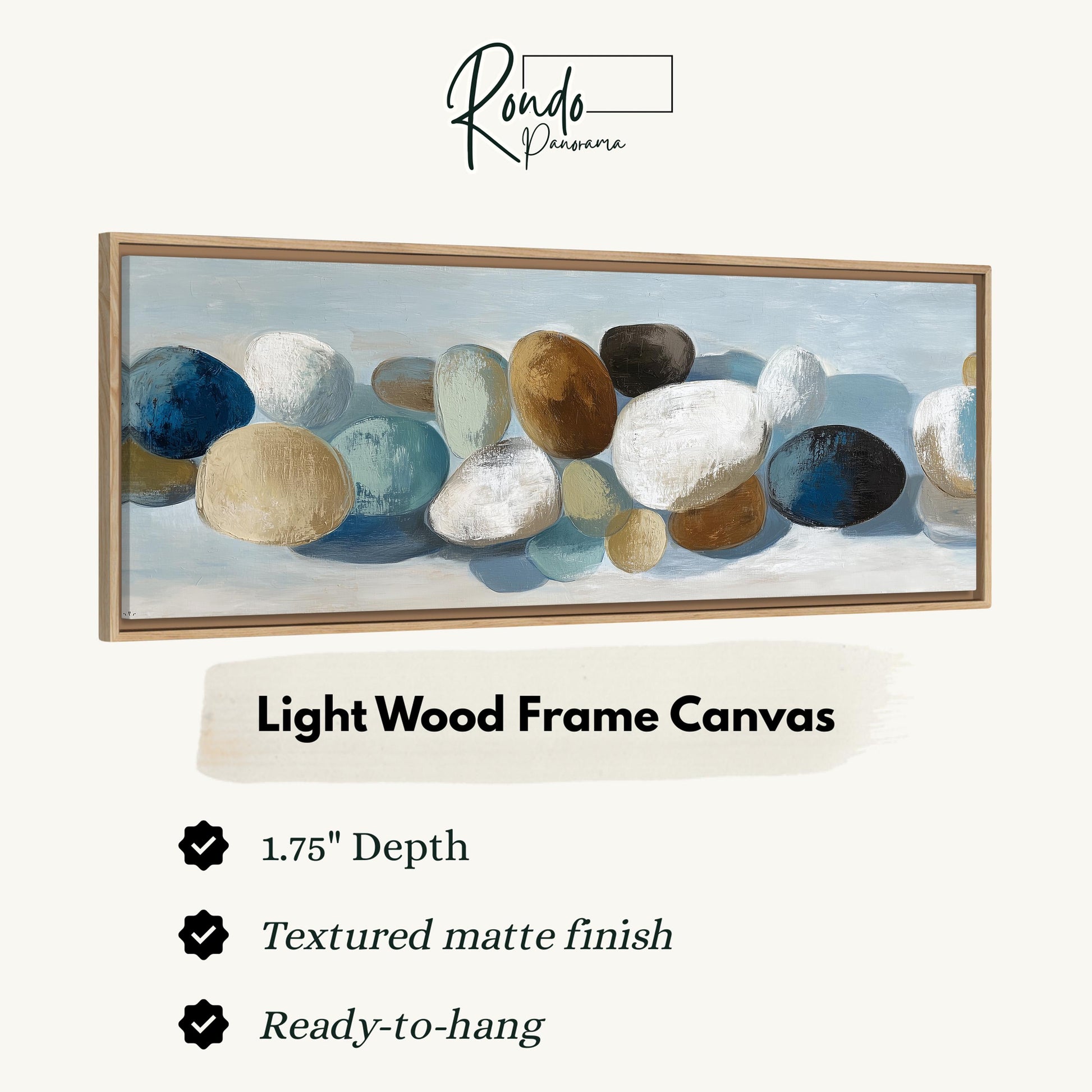 The image is a light wood frame canvas featuring a painting of various colored rocks.