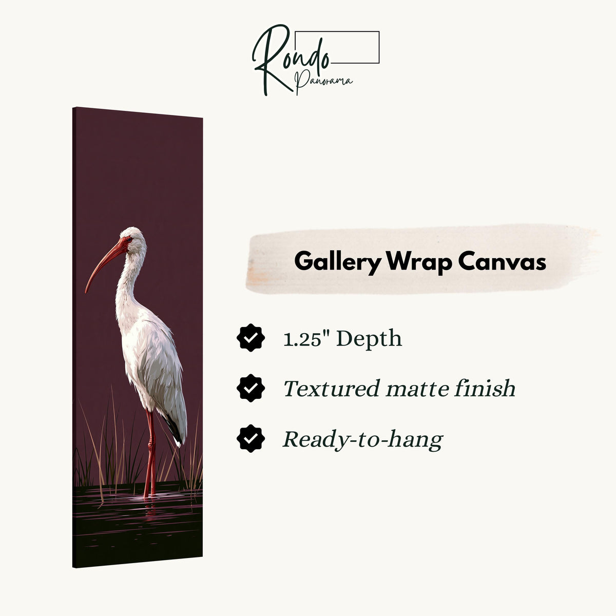 White ibis on a plum background gallery wrap canvas with the image wrapped around the edges