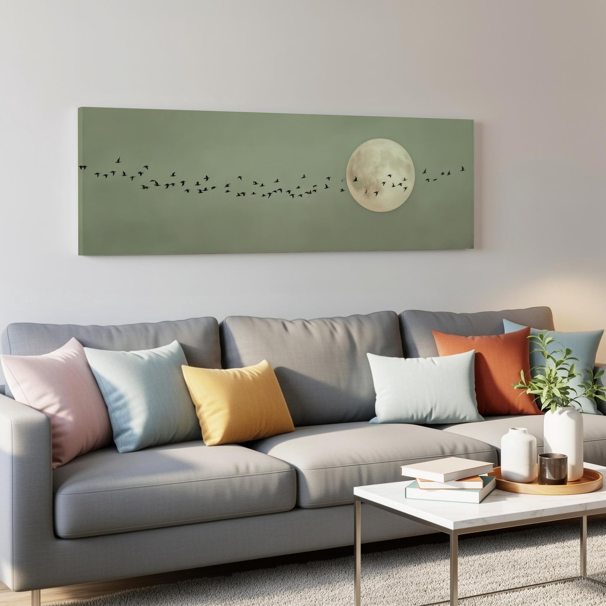 a living room with a gray sofa adorned with colorful throw pillows, a coffee table with books and a plant, and a large wall art depicting a flock of birds flying around a full moon.