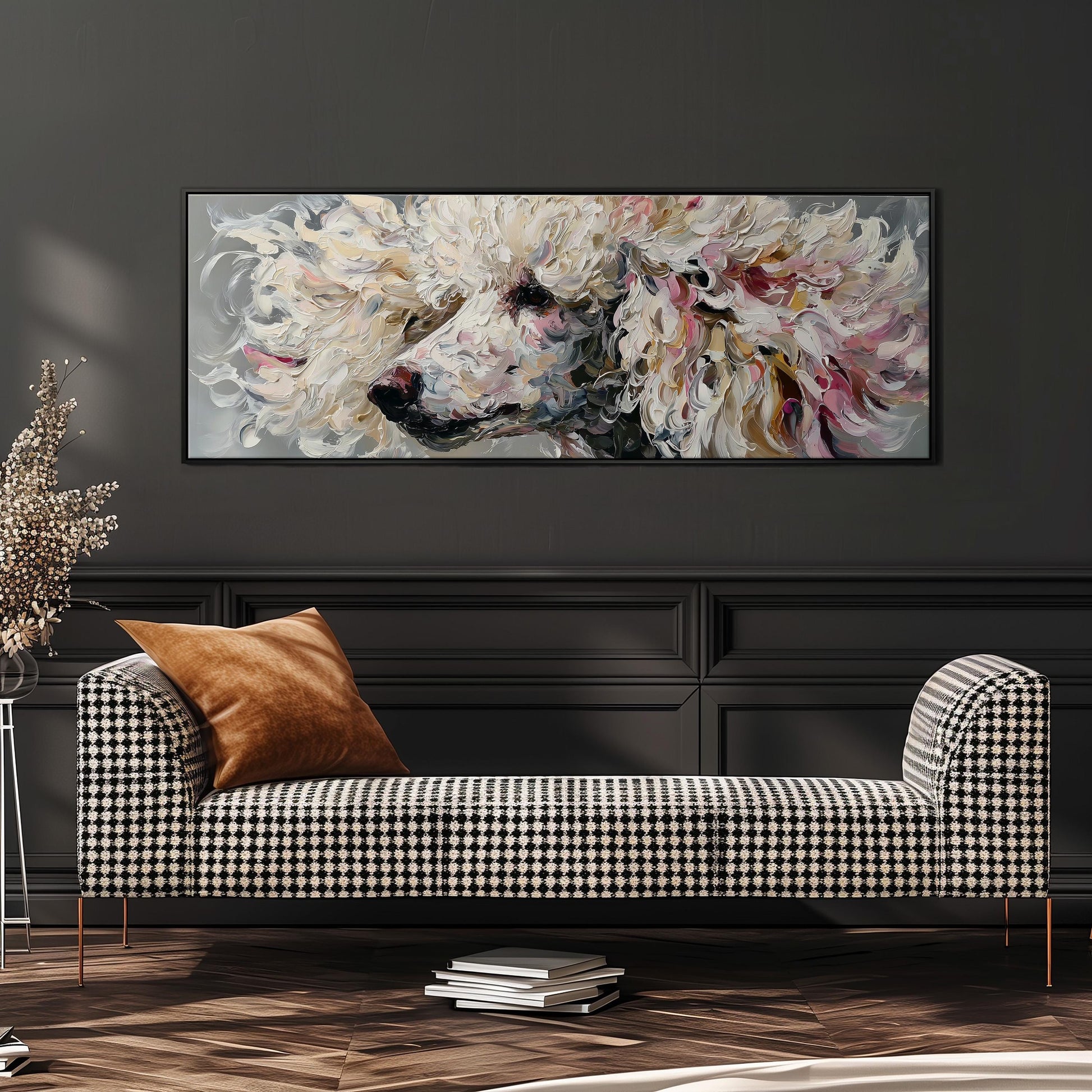 a large, colorful painting of a poodle on a wall, with a black and white checkered sofa in the foreground.