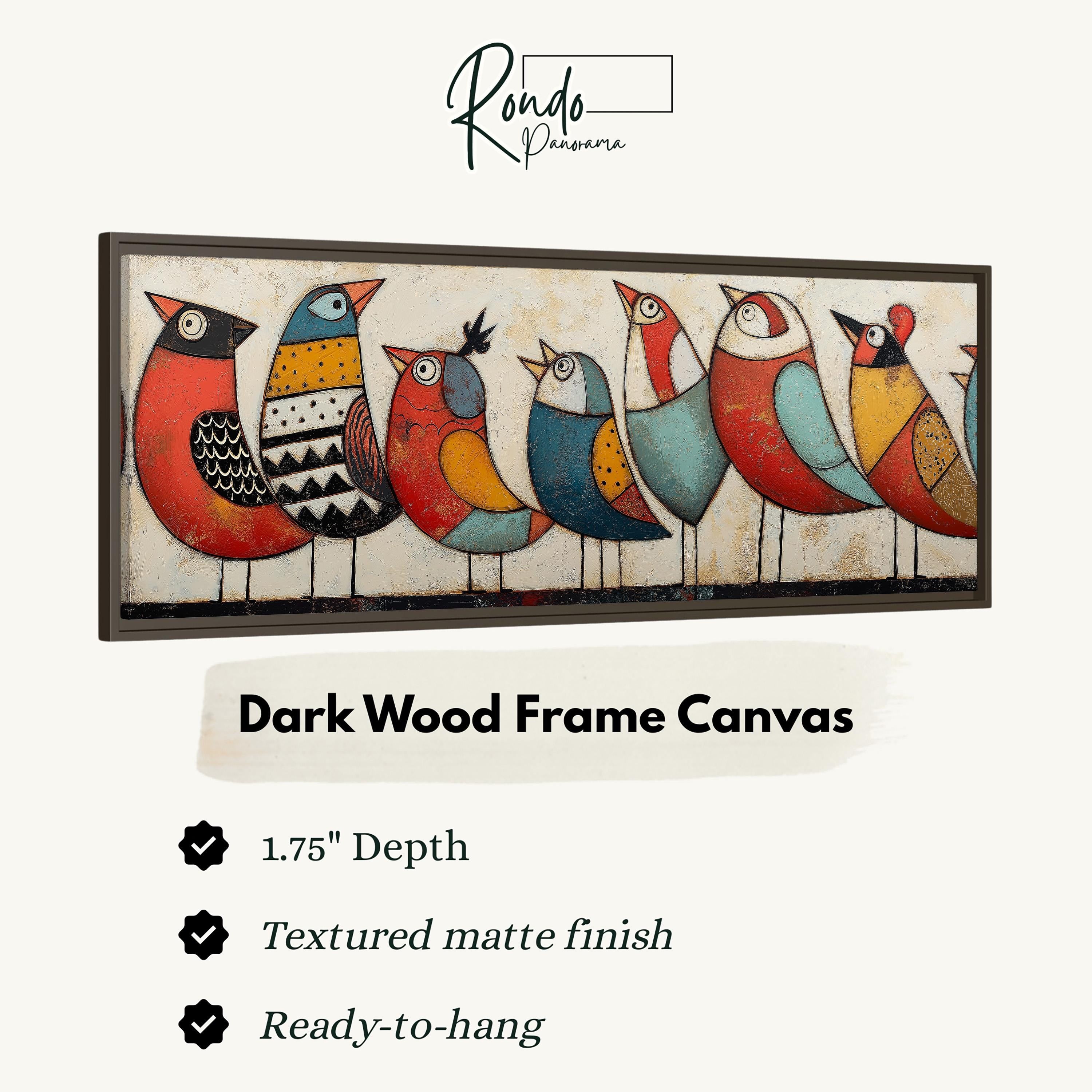 a dark wood frame canvas with a vibrant painting of six colorful birds.