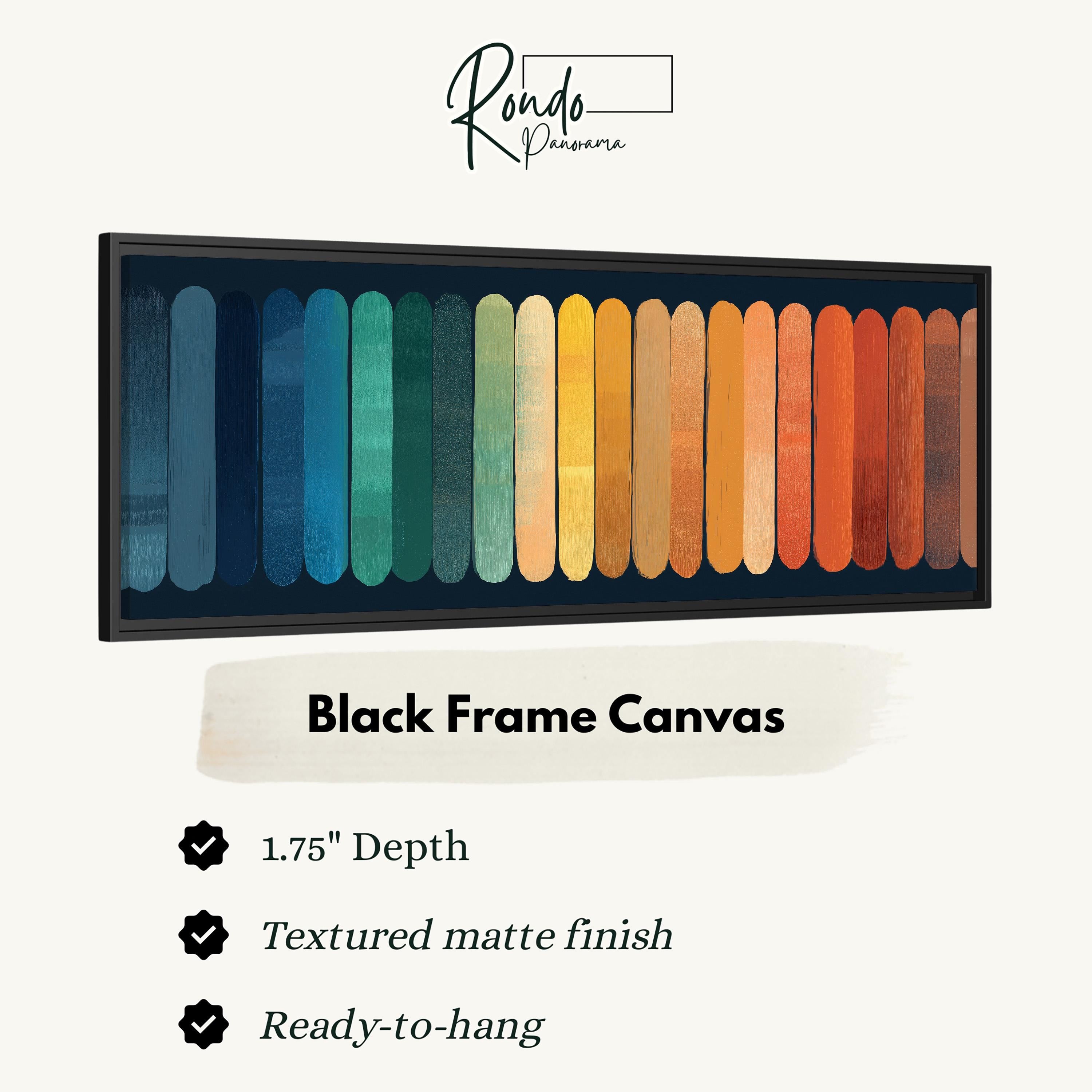 a black frame canvas with a vibrant color gradient, which is described as a "Black Frame Canvas" with a "1.75" depth and a "Textured matte finish". The canvas is described as "Ready-to-hang".