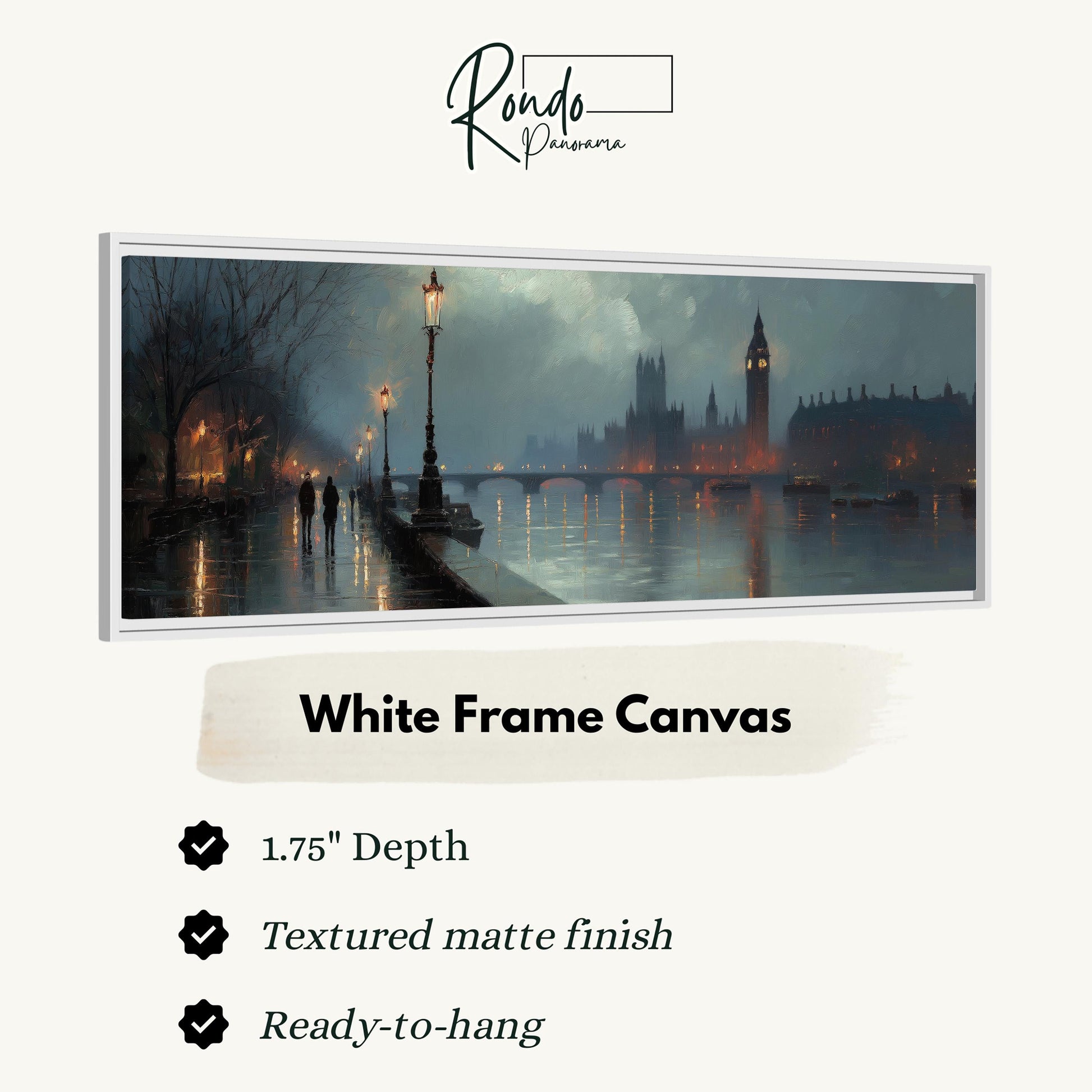The image is a white frame canvas depicting a cityscape at night, with a river and a clock tower in the background.