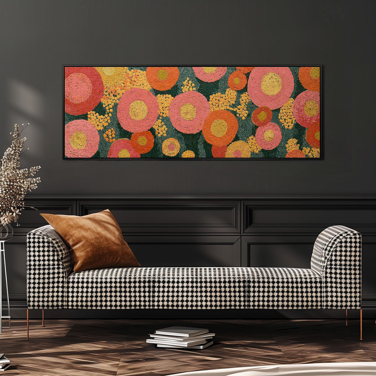 Pink circle blooms wide panoramic canvas print above a bench in a dark living room