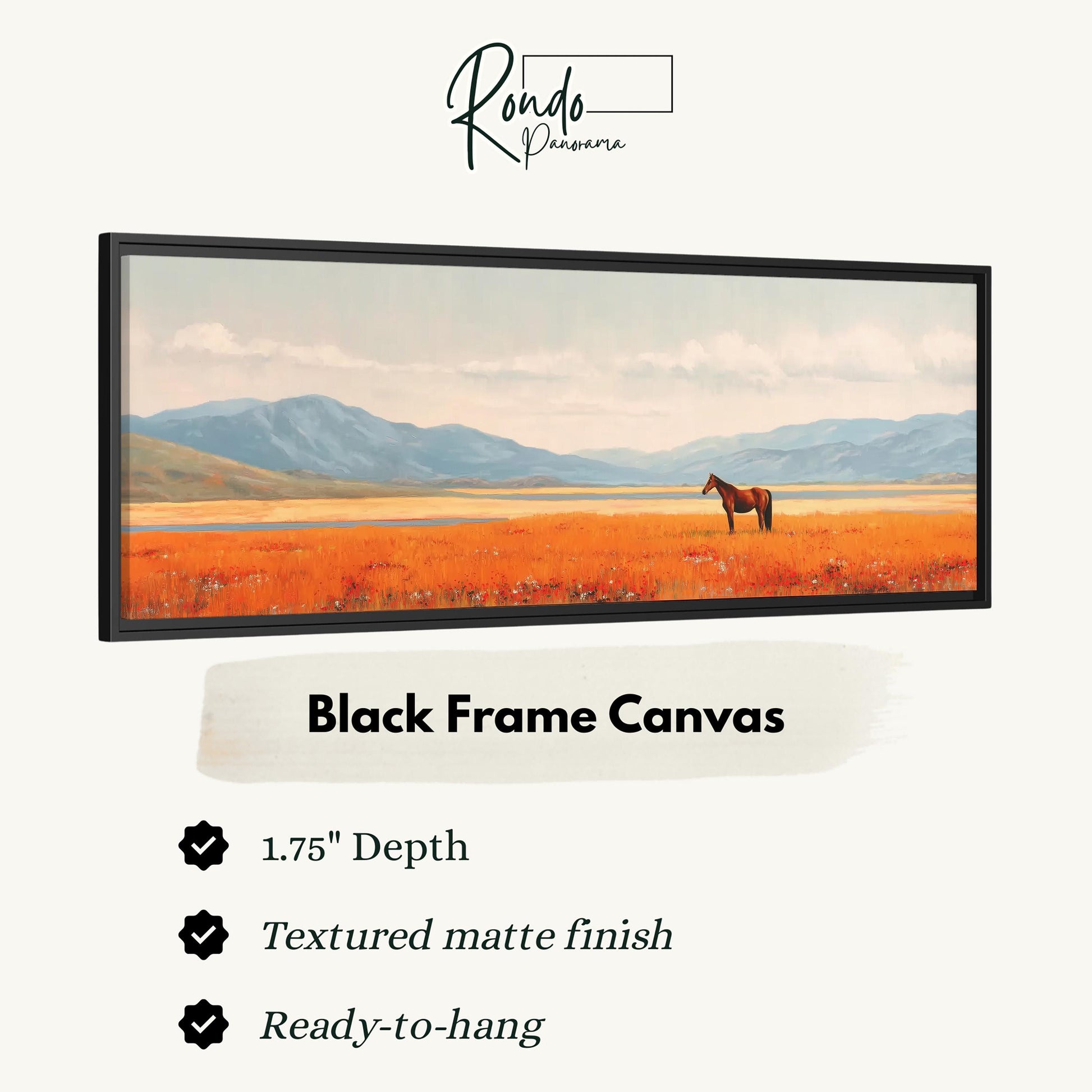 The image is a black frame canvas depicting a horse standing in a field with mountains in the background.