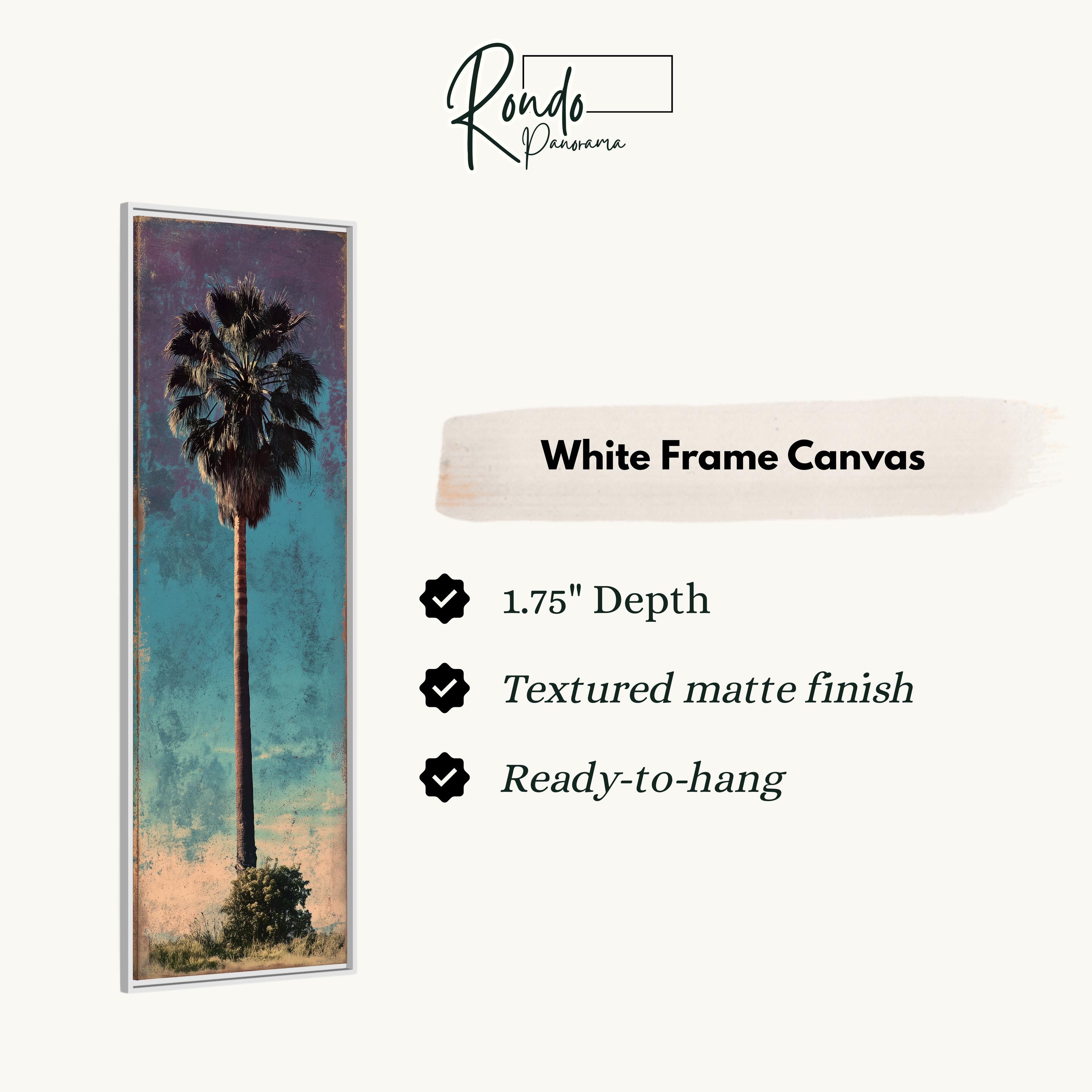 The image is a white frame canvas featuring a palm tree against a blue sky background.