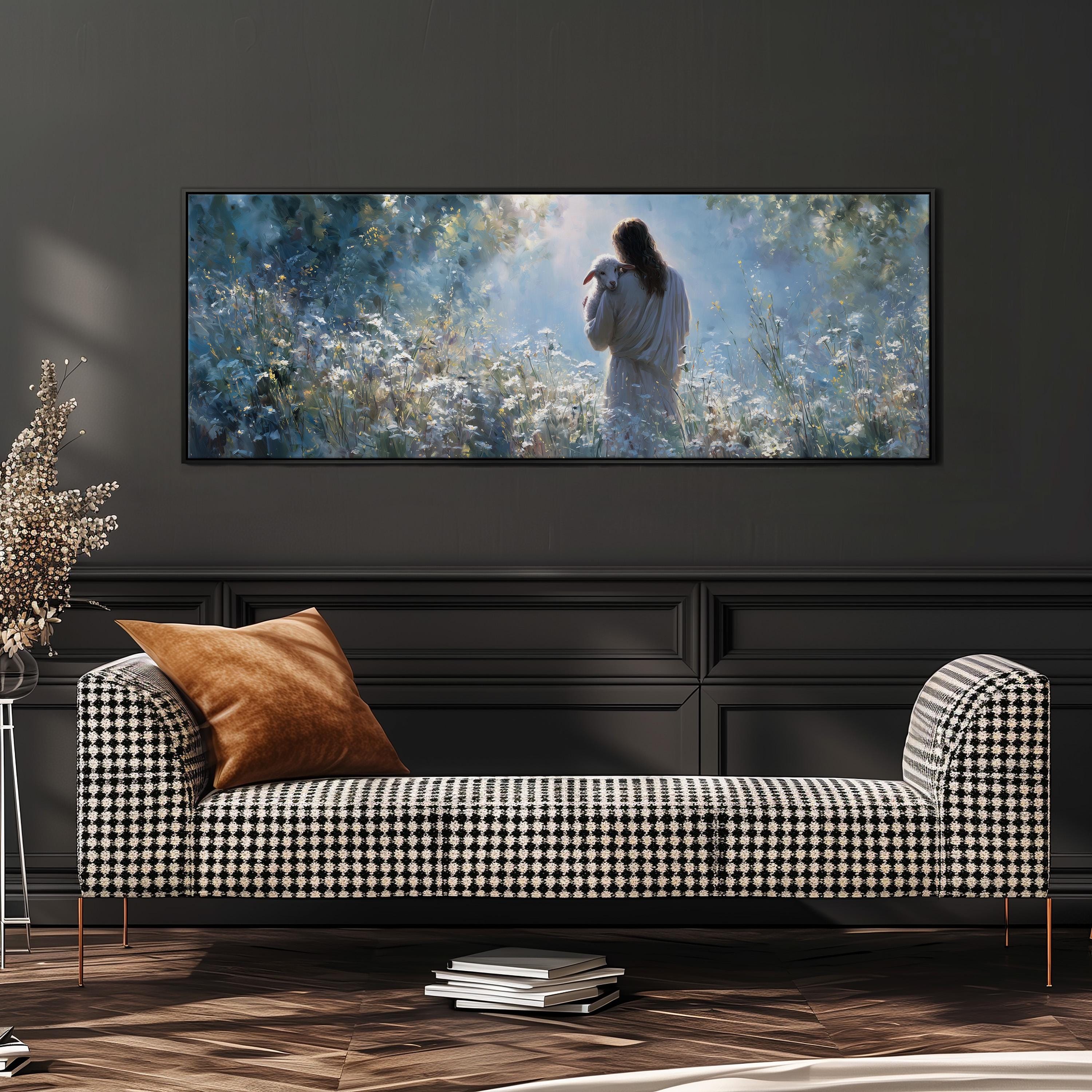 a large, framed painting of a woman standing in a field of flowers, with a black and white checkered sofa in the foreground.