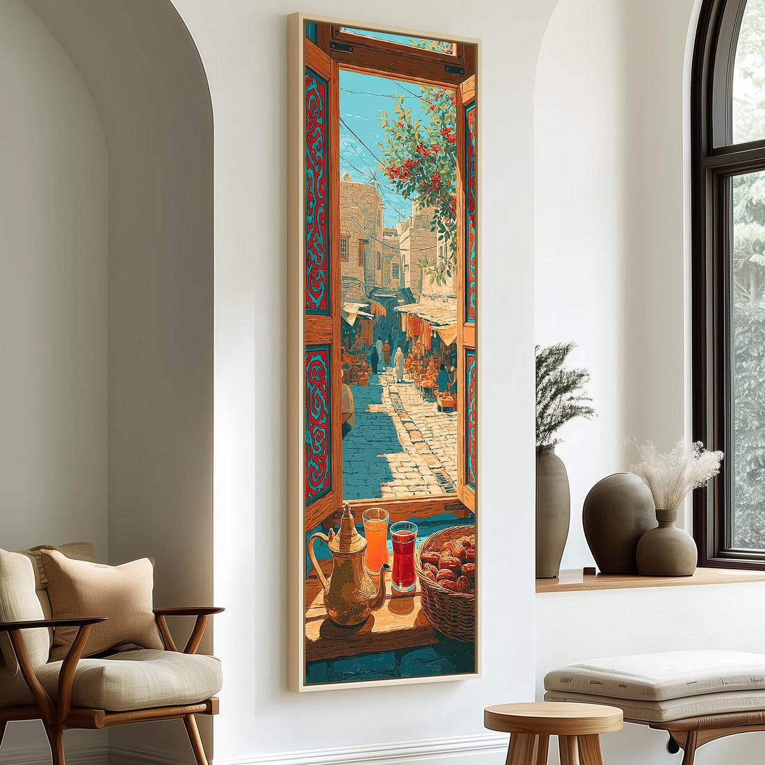 Moroccan market street seen from a window with tea long vertical canvas print in a sunlit living space