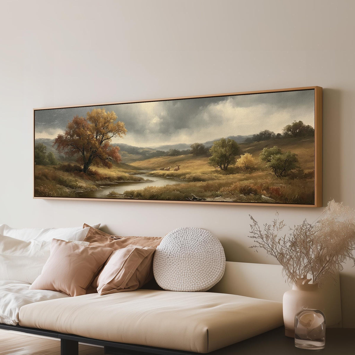 Autumn river valley under a stormy sky long horizontal canvas print above a sofa in a living room