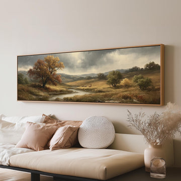 Autumn river valley under a stormy sky long horizontal canvas print above a sofa in a living room