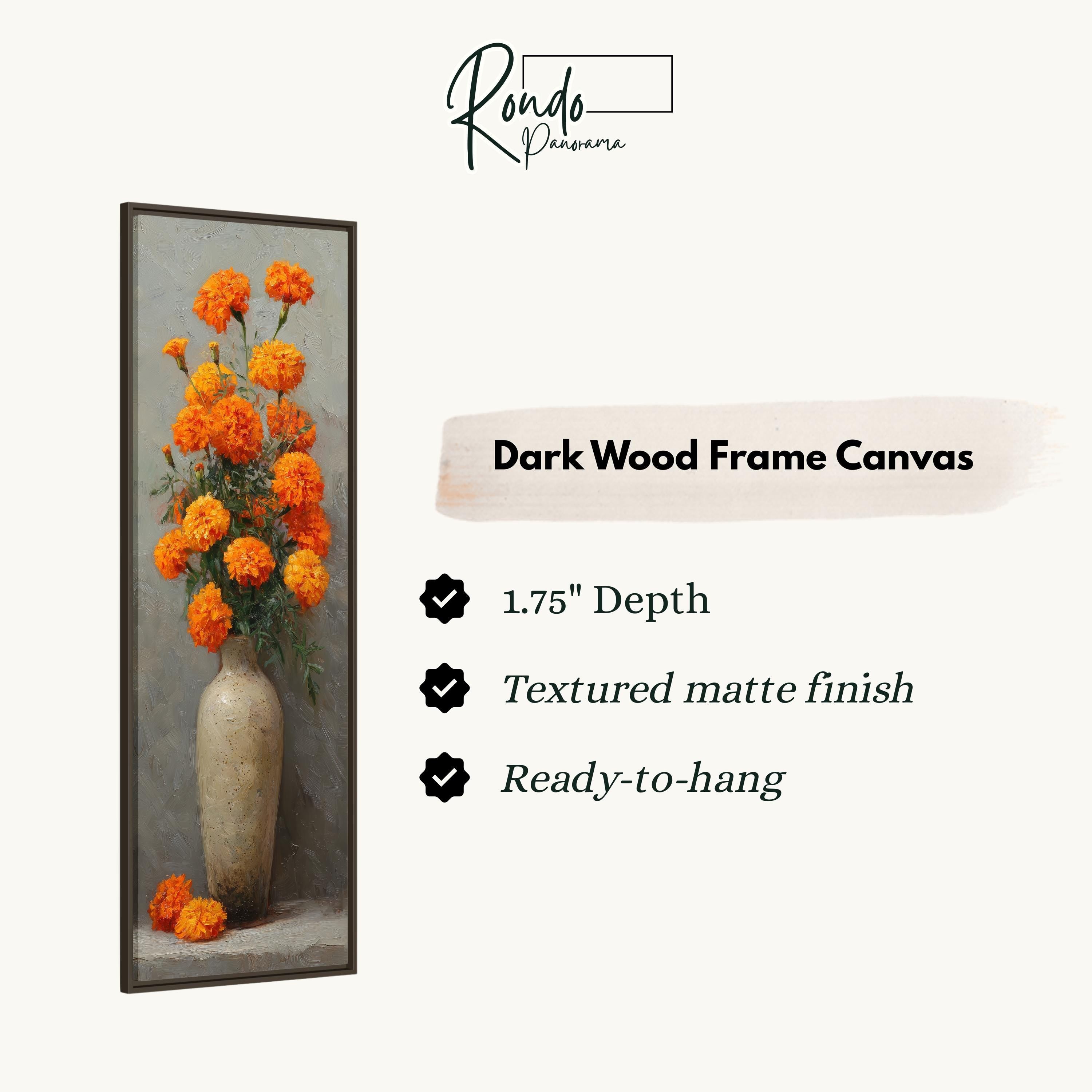 a dark wood frame canvas with a vase of orange flowers, and it is described as a 1.75" depth canvas with a textured matte finish and a ready-to-hang feature.