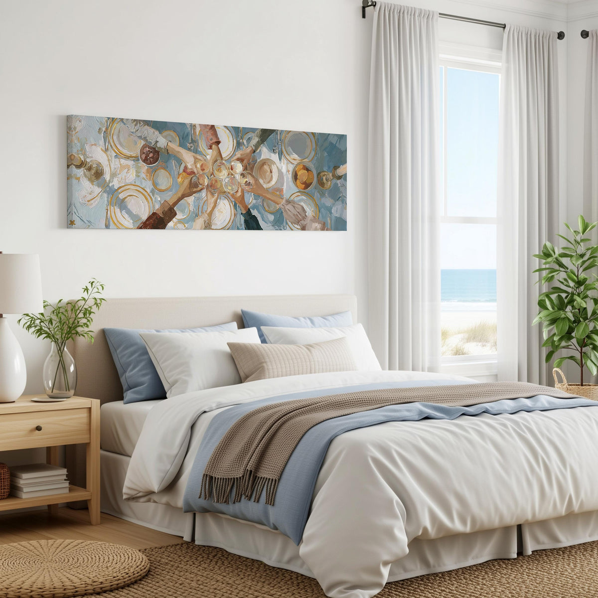 Elegant wine toast over a linen table panoramic canvas print above a bed in a coastal bedroom
