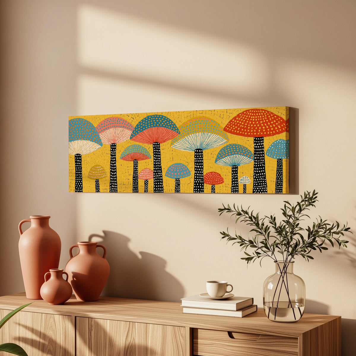 Golden mushroom parade long horizontal canvas print above a wooden sideboard