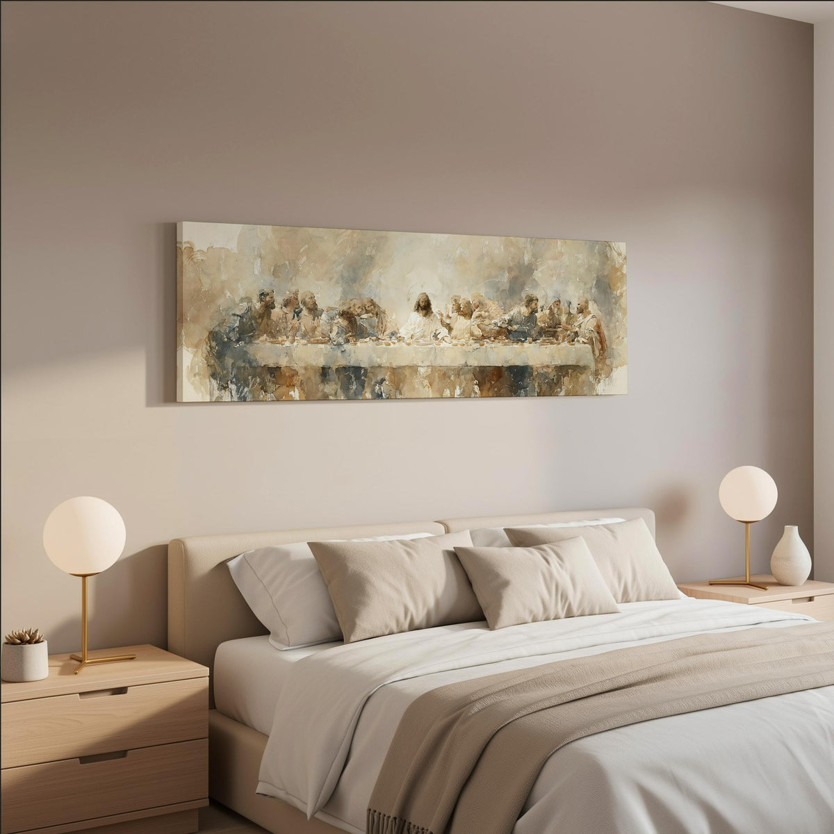 The Last Supper in soft gold tones wide panoramic canvas print above a bed in a neutral bedroom