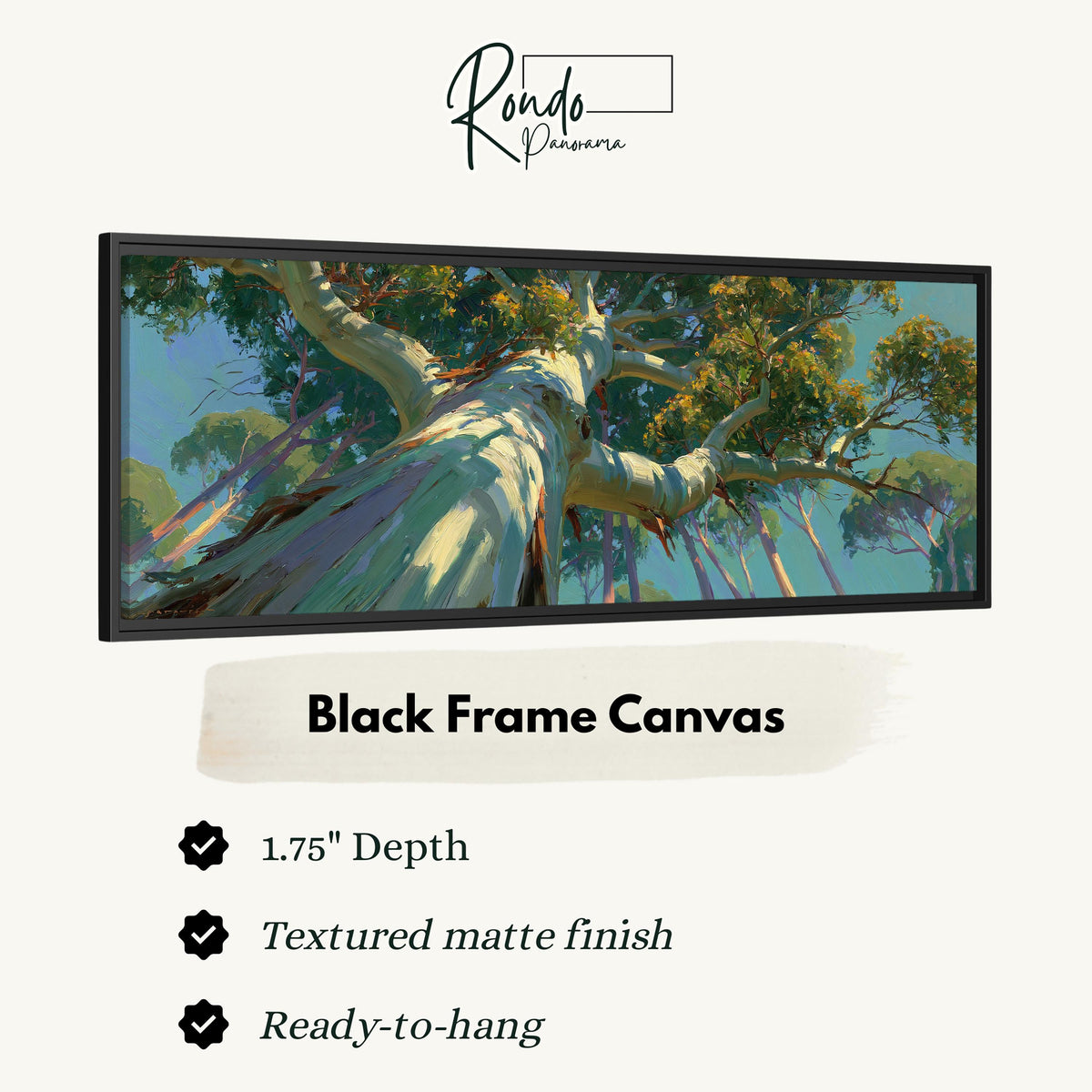 Eucalyptus canopy against a blue sky canvas print in a black floating frame