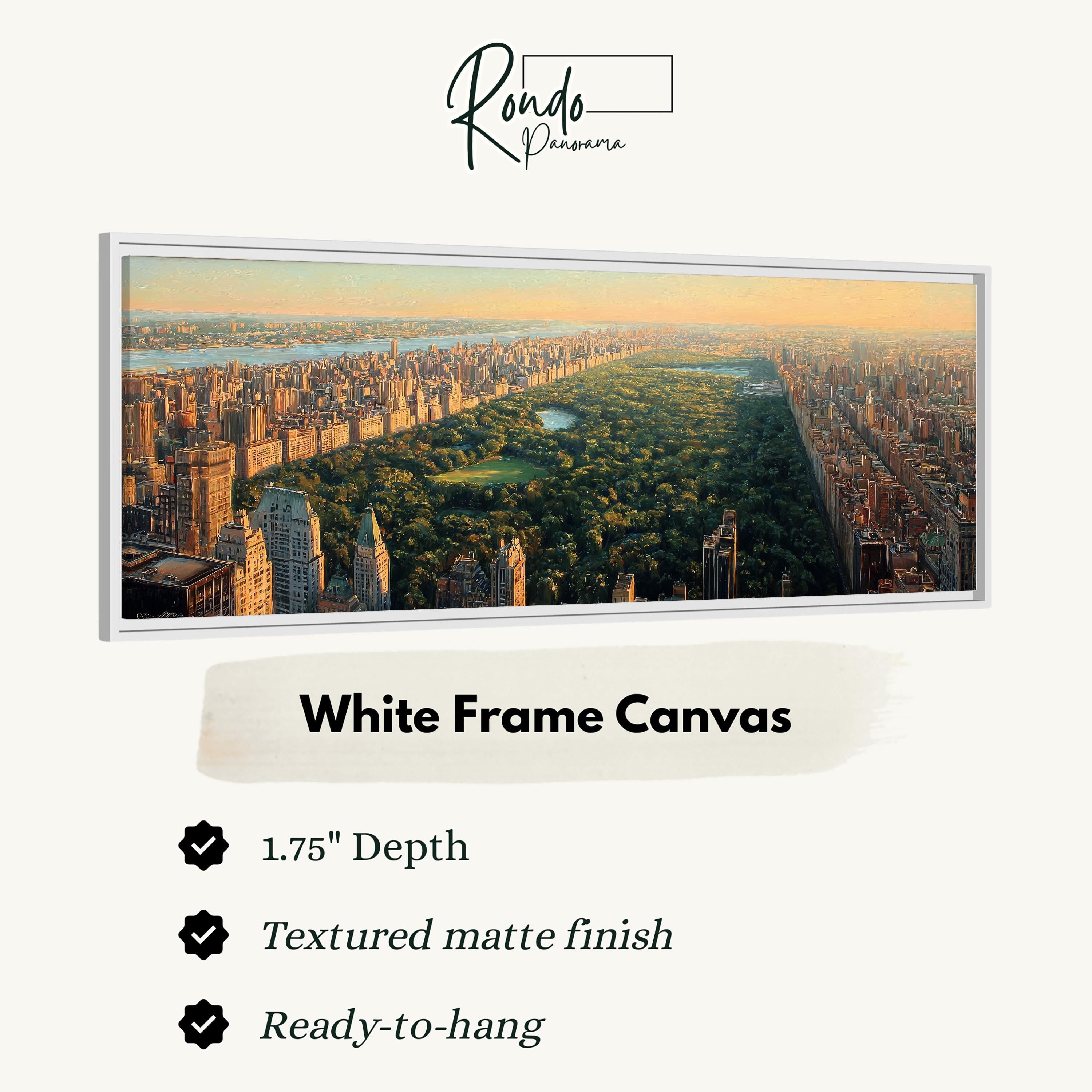 A white frame canvas depicting a cityscape with tall buildings and a park in the distance.
