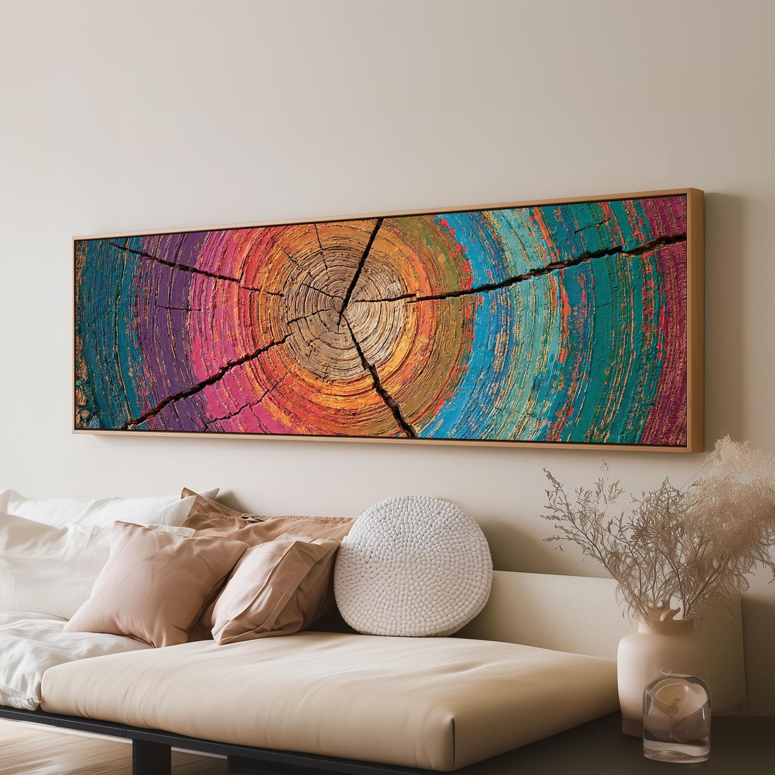 Rainbow tree ring long horizontal canvas print above a sofa in a living room