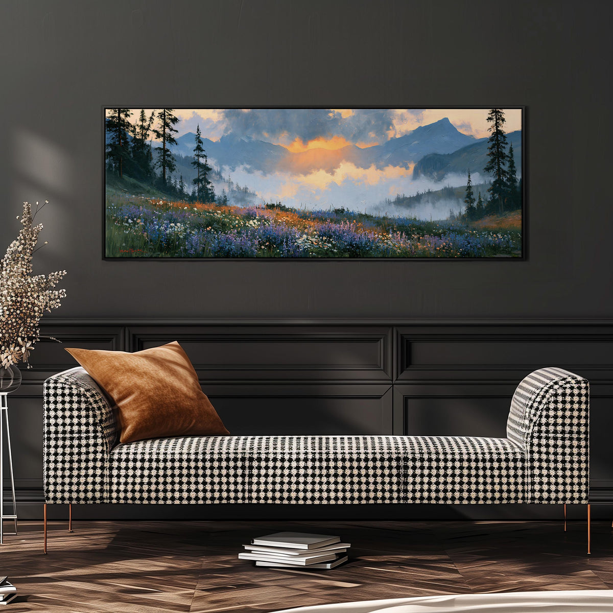 Alpine wildflower meadow at sunset wide panoramic canvas print above a bench in a dark living room
