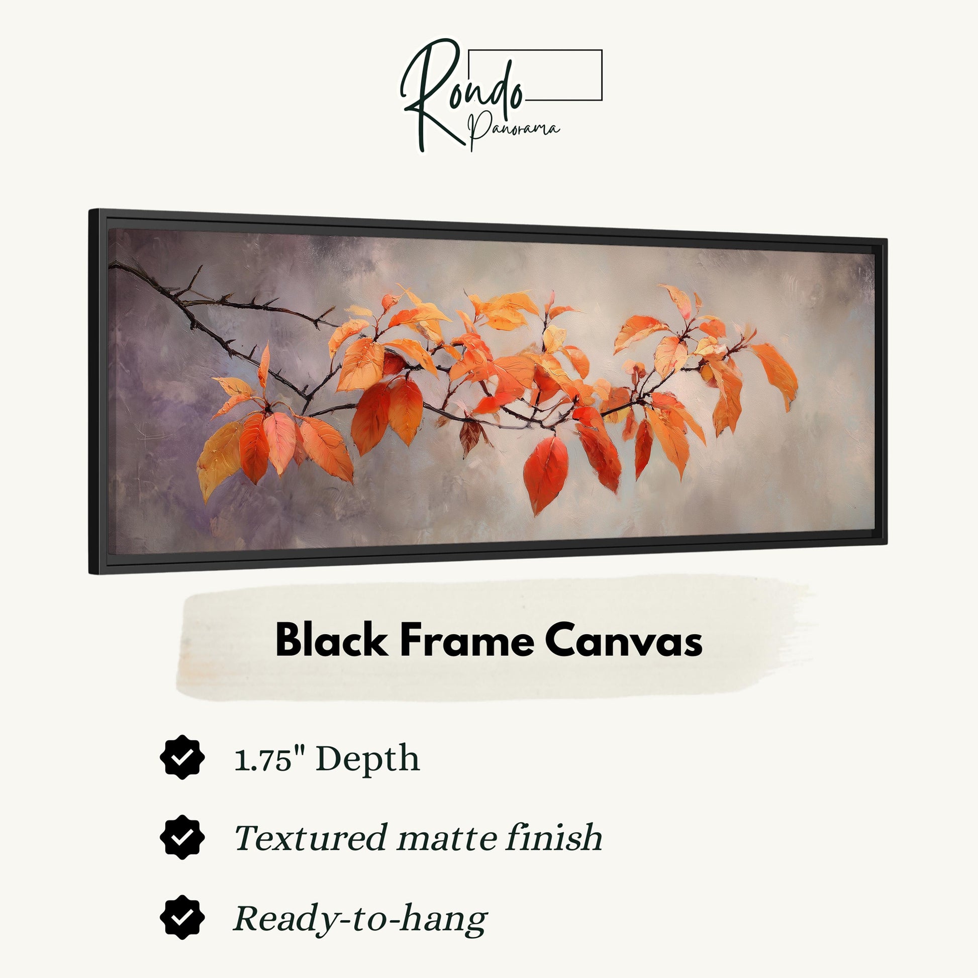 The image is a black frame canvas featuring a painting of orange leaves on a branch.