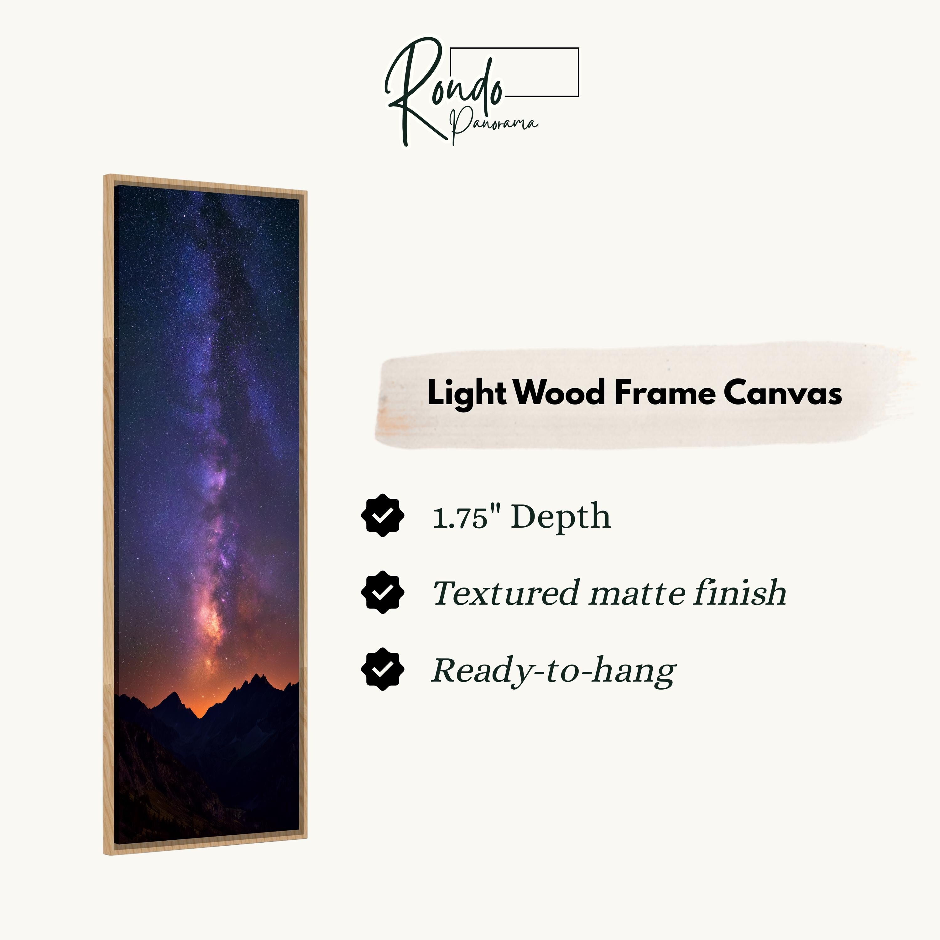The image is a framed photograph of a night sky with a galaxy, and it is described as a "Light Wood Frame Canvas" with a "1.75" depth, a "Textured matte finish", and a "Ready-to-hang" feature.