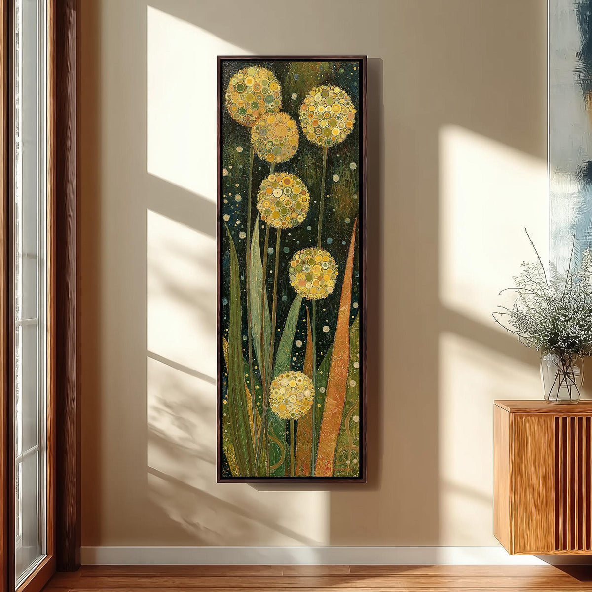 Golden allium blooms long vertical canvas print in a sunlit living space