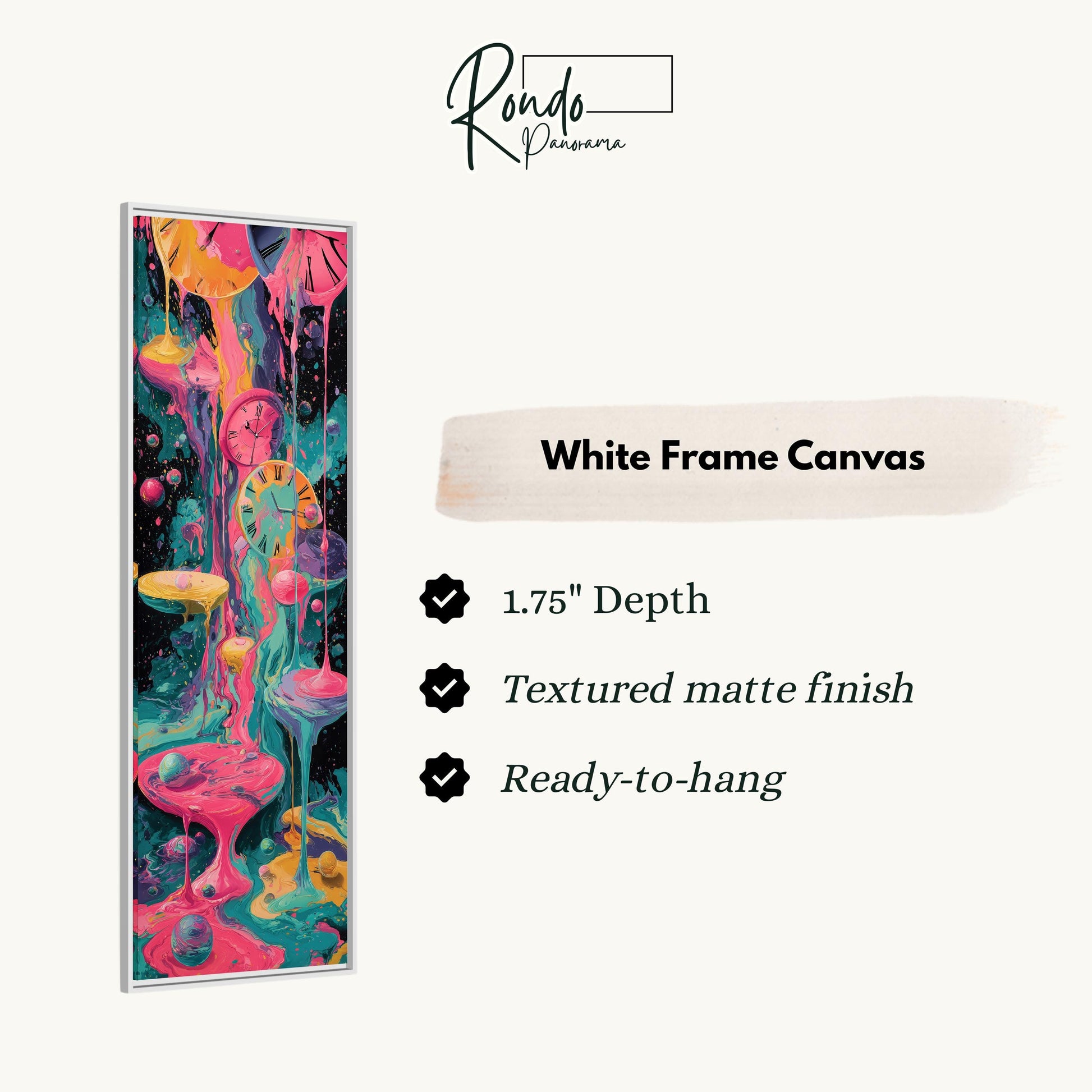 The image is a colorful abstract painting with a white frame. The painting has a 1.75" depth, a textured matte finish, and is ready to hang.